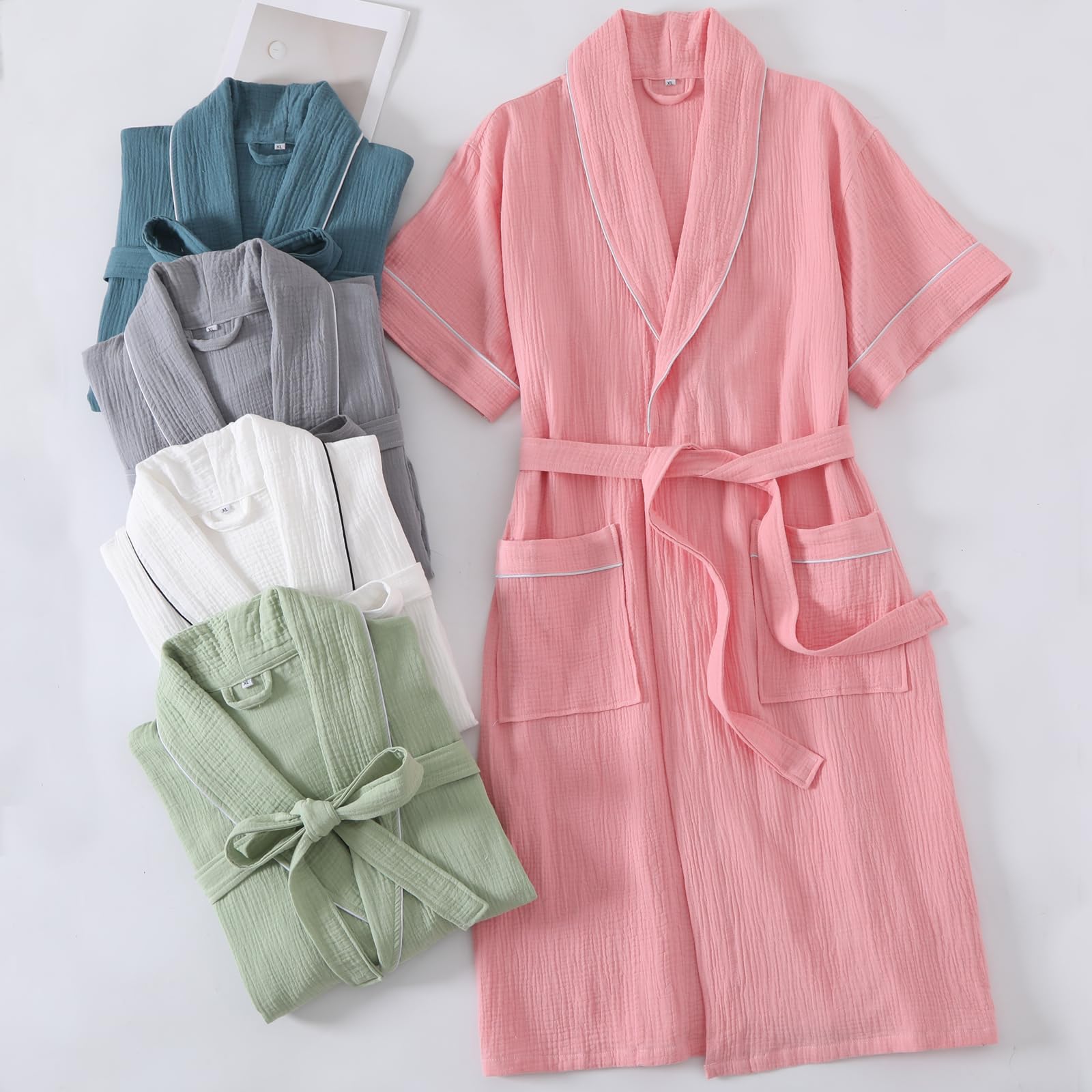 Peignoir en Gaze de Coton pour Femme Yukata Japonais Style Kimono Peignoir d'été léger à Manches Courtes,Rose,XL