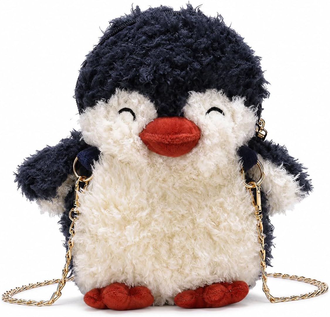 QZUnique Plush Penguin Purse for Women Fluffy Novelty Handbag Kawaii Crossbody Shoulder Bag Chain Wallet Sheep Chick Bear