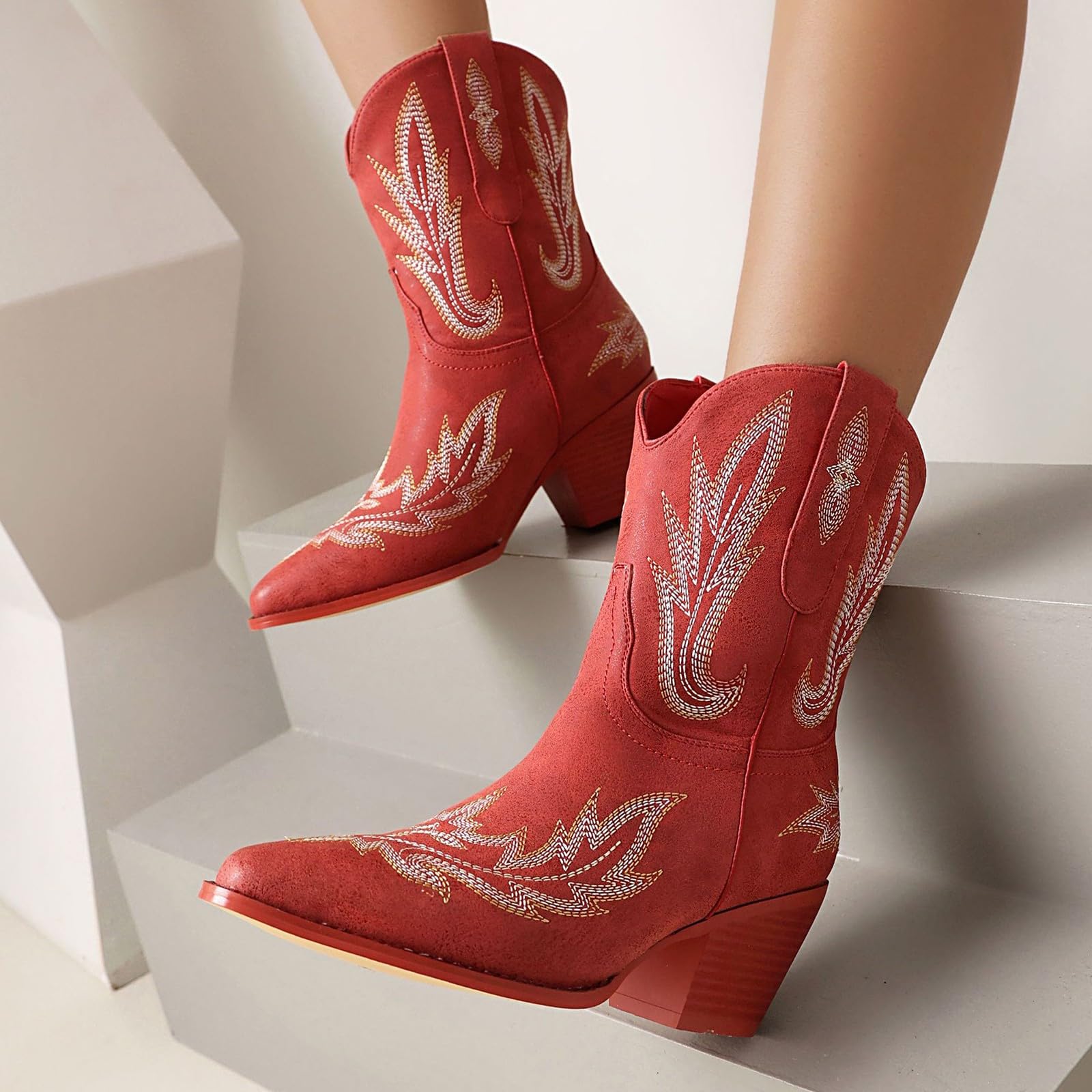 Stivali da cowboy da donna, vestibilità larga, con tacco medio grosso, punta a punta, stivali da cowgirl con ricamo occidentale stile country, stivali da donna classici in pelle PU, calzature