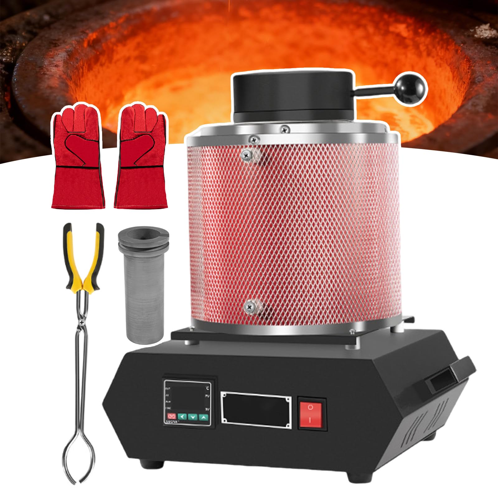 Horno eléctrico de fusión de oro, 1500 W, fundición rápida de 1,150.0 °C con crisol de grafito, control de temperatura LED, incluye guantes aislantes del calor y pinzas para crisol