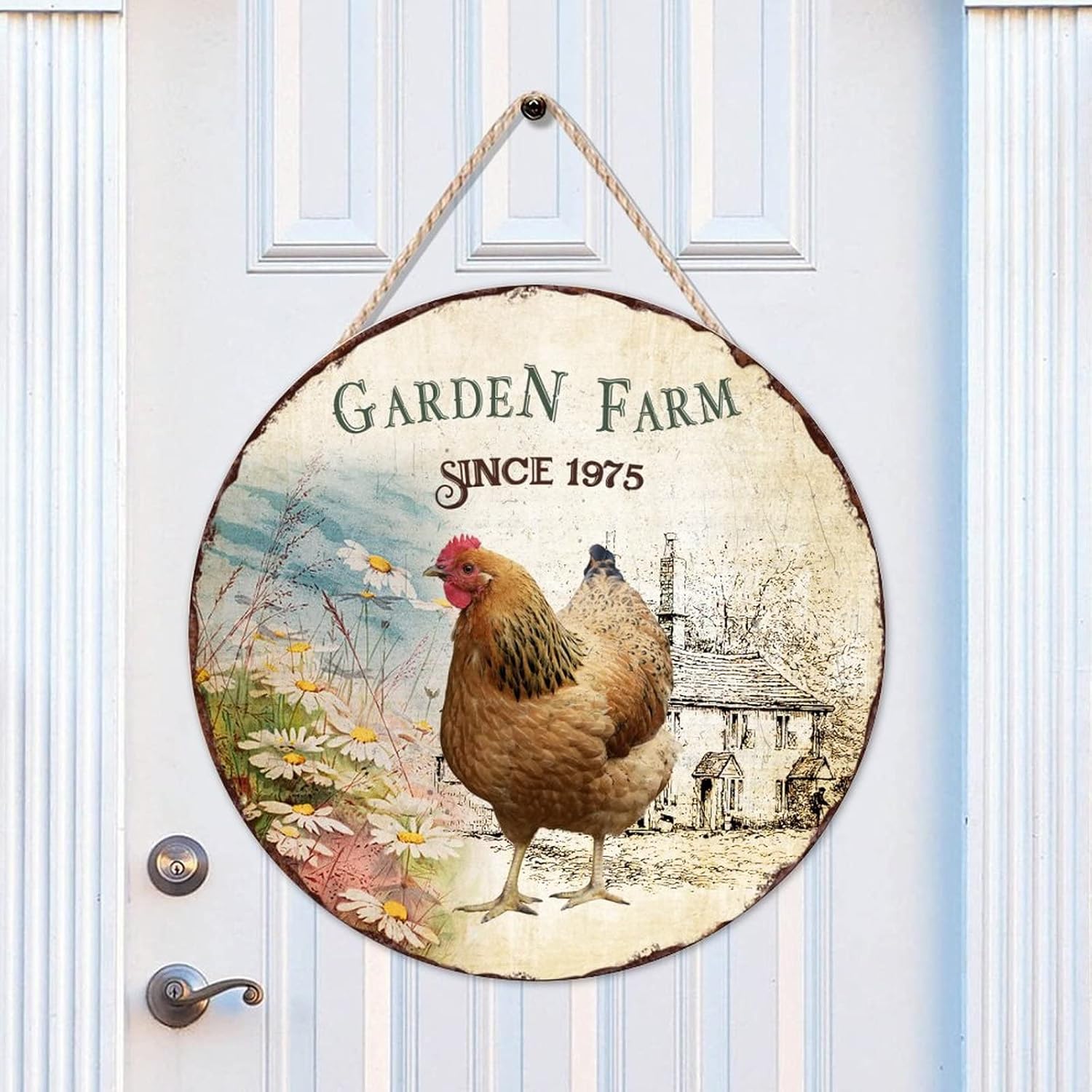 Rooster Front Door Round Wood Sign, Garden Farm Since 1975 Wood Door Sign, Custom Animal 16x16in Wall Hanging Sign Plaque Farmhouse Backyard Door Hanger Wall Decor Housewarming Gifts