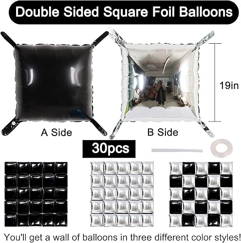 Miniatura 23 de TONIFUL Juego de 30 globos cuadrados de papel de aluminio para pared, color dorado y negro, de doble cara, de Mylar de doble cara, arco de fondo