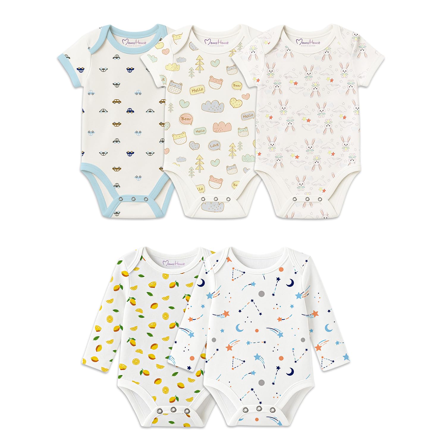 Moms Home Organic Cotton New Born Baby Unisex Onesie Romper - Pack of 5