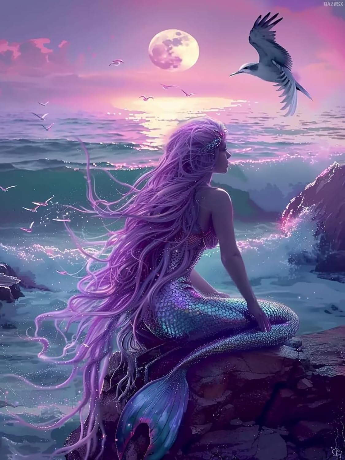 QAZWSX DIY Sea Mermaid Diamond Painting Kit, Beautiful Diamond Art Kit for Adults and Beginners, Handmade Lovers Home Wall Decorative Art Paintings 12x16 Inch