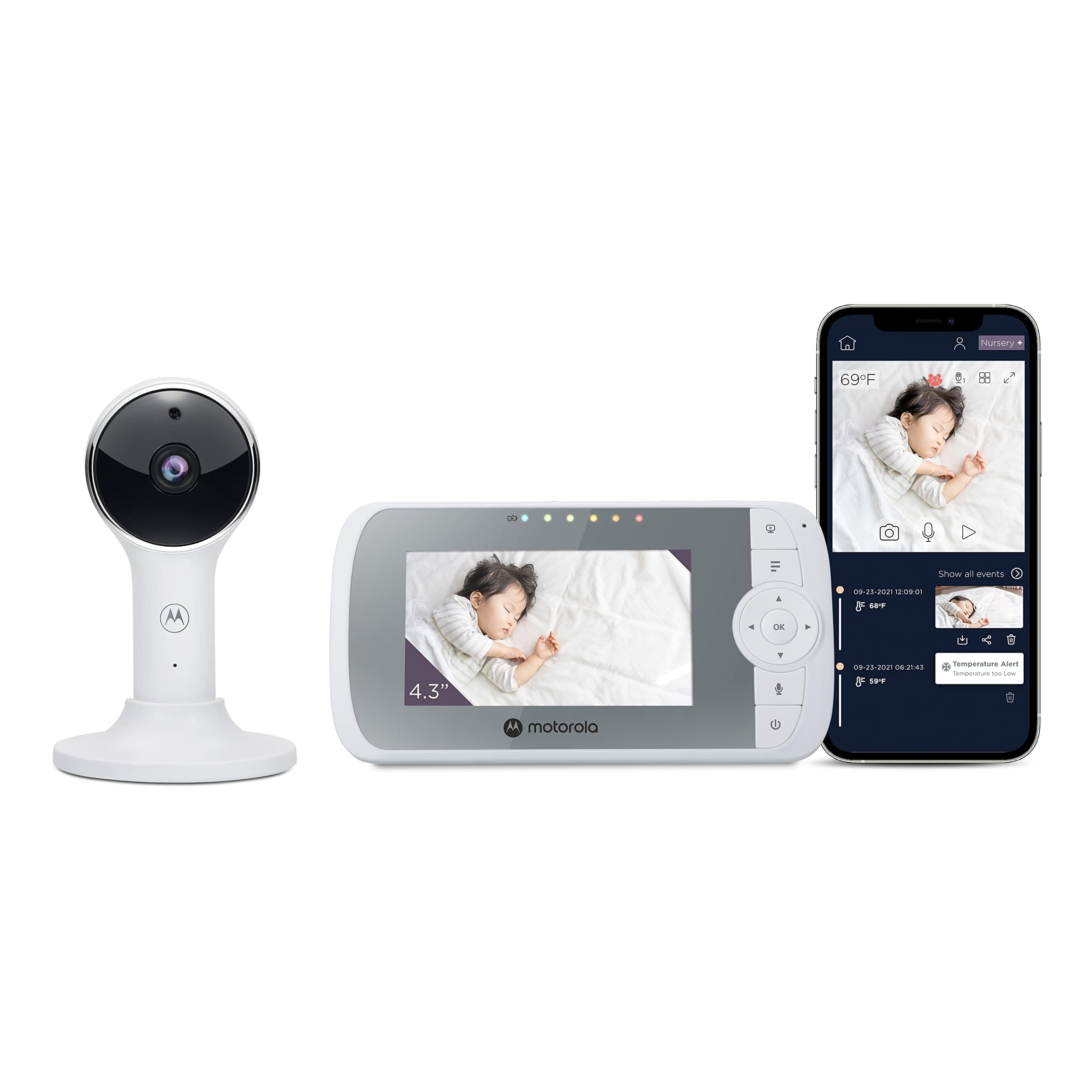 Motorola Nursery Baby Monitor VM64 Vigilabebés con vídeo WiFi de 4,3' con cámara, Aplicación para smartphone, soporte magnético, largo alcance, audio bidireccional, zoom digital