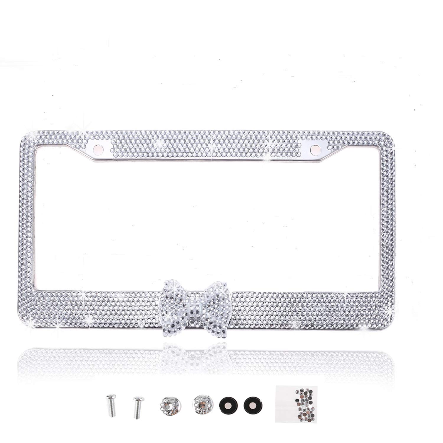 Handmade Fashion Clear Frame Clear Bow Bling Crystal Car License Plate Frame Cute Waterproof Gift Rhinestone SUV License Plate Holder Stainless Steel Truck Plate Frame (1 Frame)