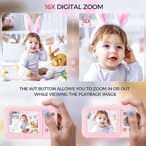 Miniatura 4 de Cámara digital, FHD 1080P 44MP cámara para niños para fotografía con tarjeta de 32 GB, cámara digital de punto de zoom 16X y disparar con luz de