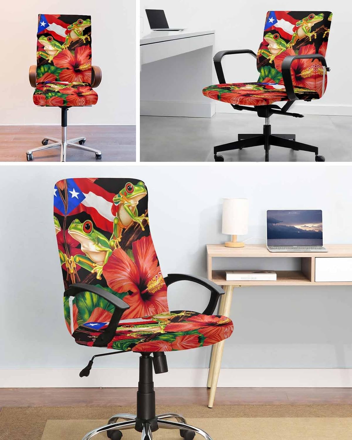 DecorLovee Puerto Rico Flag Office Chair Covers Stretchable Computer Gaming Chair Cover, Frog Red Flower Summer Leaf Universal Desk Chair Covers Removable Rotating Chair Slipcover with Zipper, S