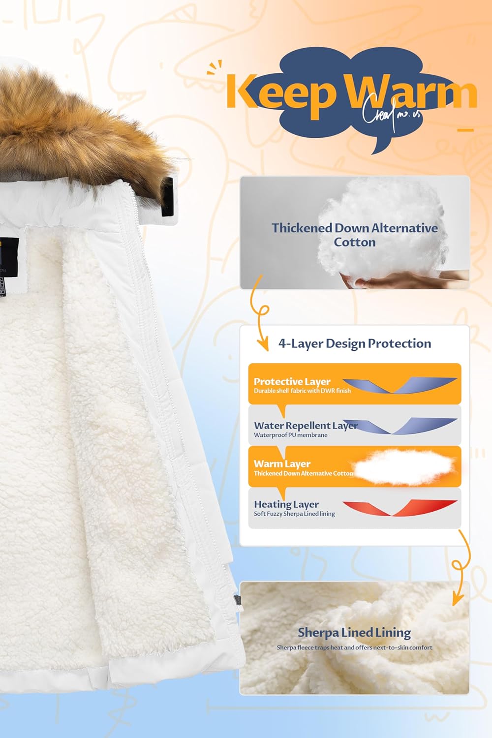 CREATMO US Boy's Sherpa Long Parka Winter Coat Thicken Water Repellent Puffer Jacket With Removable Faux Fur Hood - Image 3