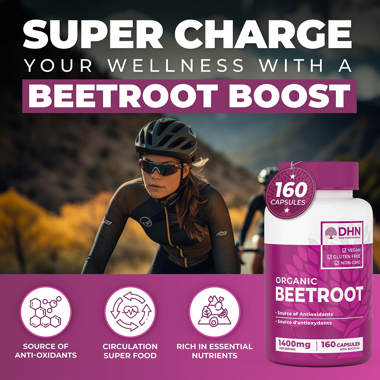 DH Nutrition's *BONUS SIZE* Organic Beetroot Powder offers a potent dose of natural benefits in convenient capsules.