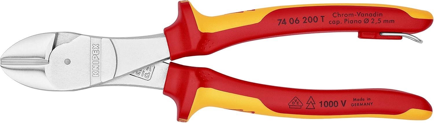 KNIPEX Tools 74 06 200 T High Leverage Diagonal Cutters-1000V Insulated-Tethered Attachment, 8", Red/Yellow