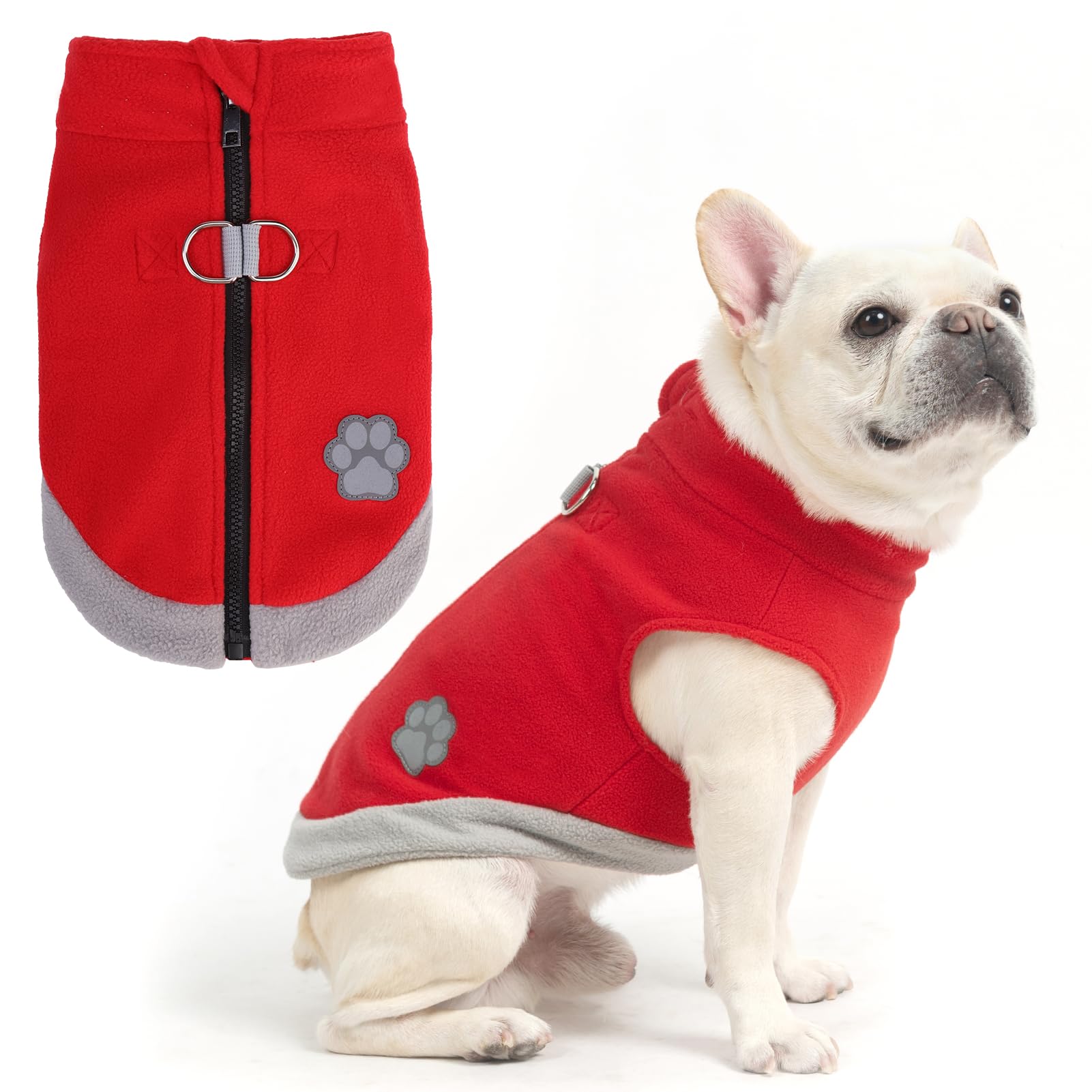 Mihachi Dog Fleece Vest Sweater Zip Up Warm Pullover Step-in Dog Jacket with Dual D-Ring Leash, Winter Cold Weather Reflective Coat Clothes Hoodie for Small Medium Dogs Puppy Cat Boy Girl, Red M