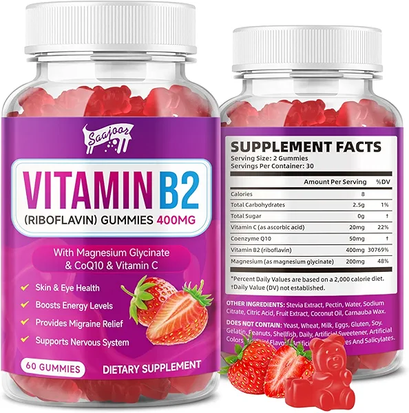 Saajoor Vitamin B2 Gummies- Riboflavin 400mg with Magnesium & CoQ10 & Vitamins for Kids & Adults, Migraine Relief & Headache Relief - Strawberry Flavor, 60 Gummies