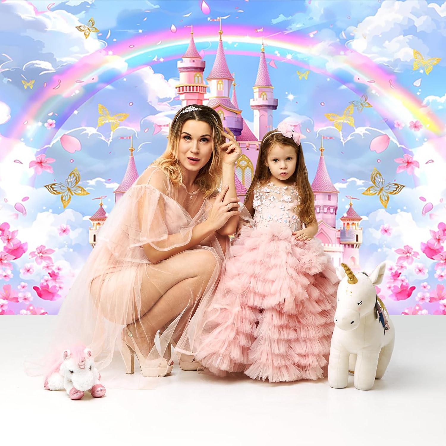 Sfondo di Principessa Castello 3x2m, Castello Rosa Arcobaleno Farfalla Floreale Fotografia Sfondo Principessa Bambina 1° Compleanno Baby Shower Festa Decorazione Banner Attrezzi da Studio