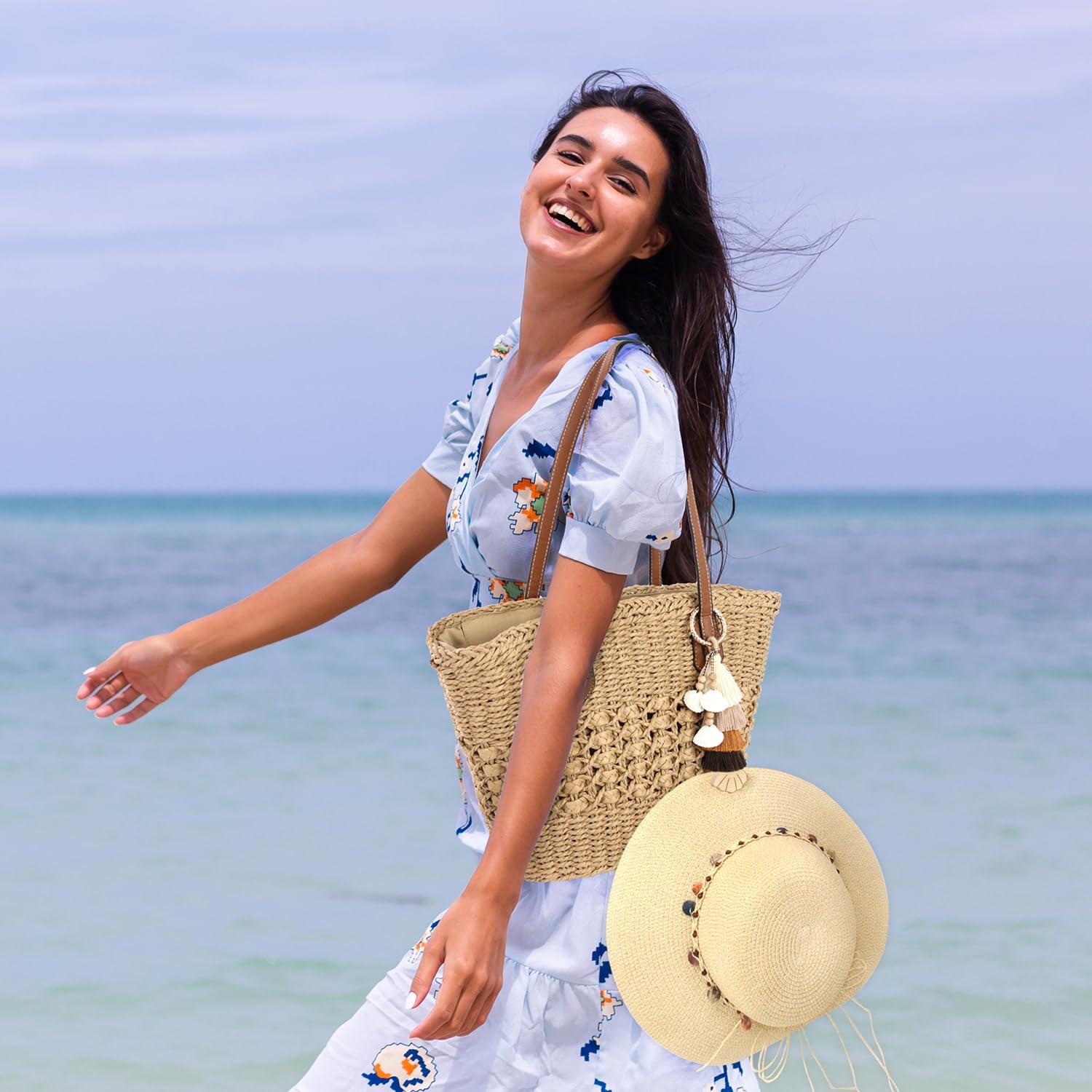 RUNROLE Straw Purse with Tassel Hat Clip, Beach Bag for Women, Handmade Large Woven Purse, Summer Raffia Tote Shoulder Bag - Image 2