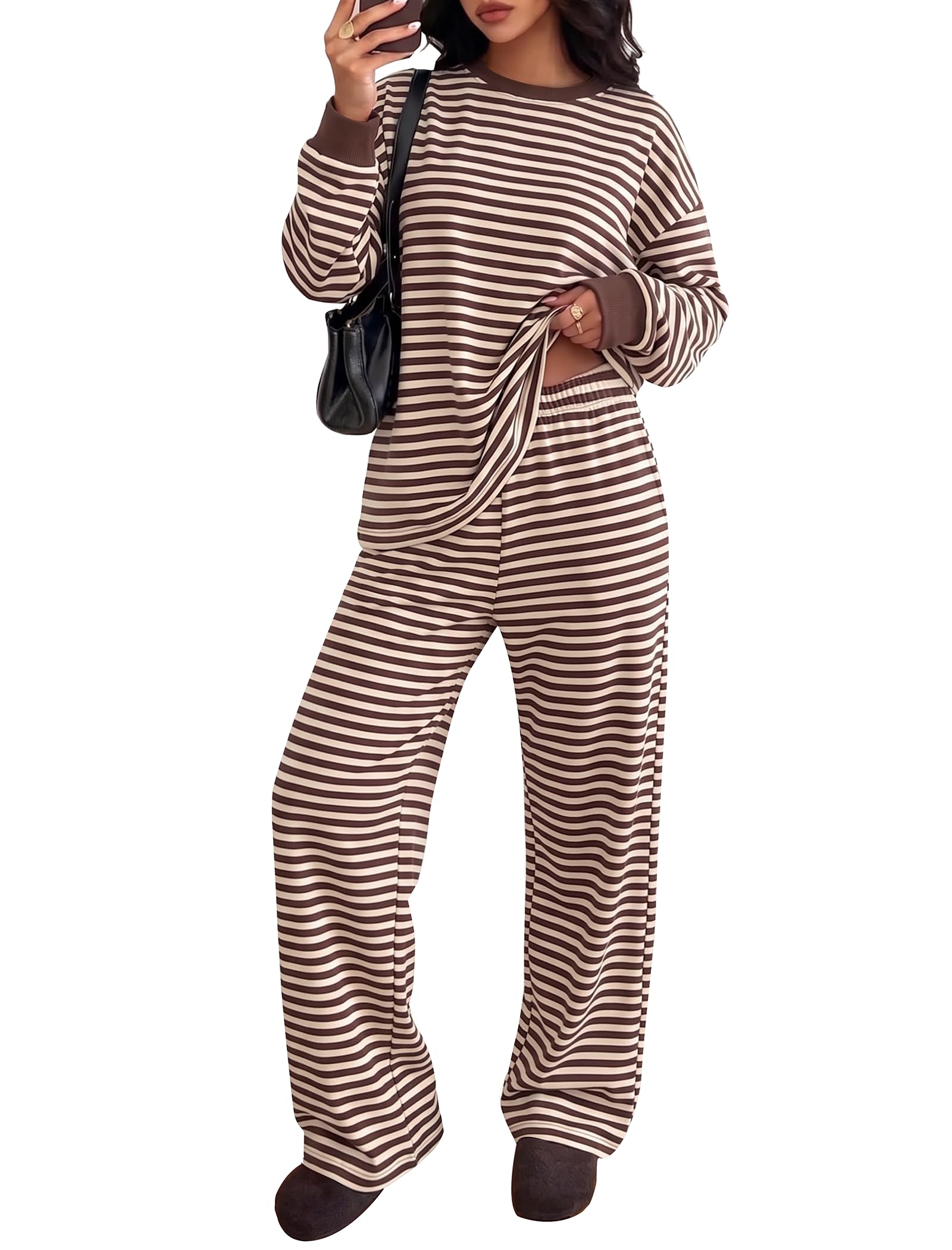 JUICICI Two Piece Sets for Women Striped Lounge Set Airport Travel Outfits | Loung Sets,Fall Fashion Clothing,Two Piece Sweatsuits,Airport Travel,Teacher Outfits,Vacation,Casual Track Suits,Loungewear