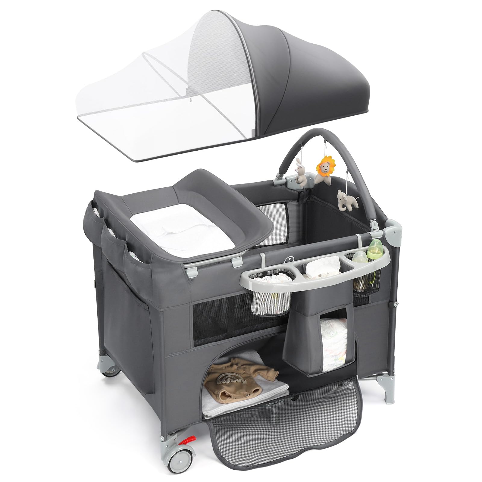 LEADZM 5-in-1 Beistellbett, Reisebett, Babybett mit Matratze und Rollen, Wickelauflage, Aufbewahrungskorb, Moskitonetz und Reisetasche für Neugeborene bis Kleinkinder (Grau)