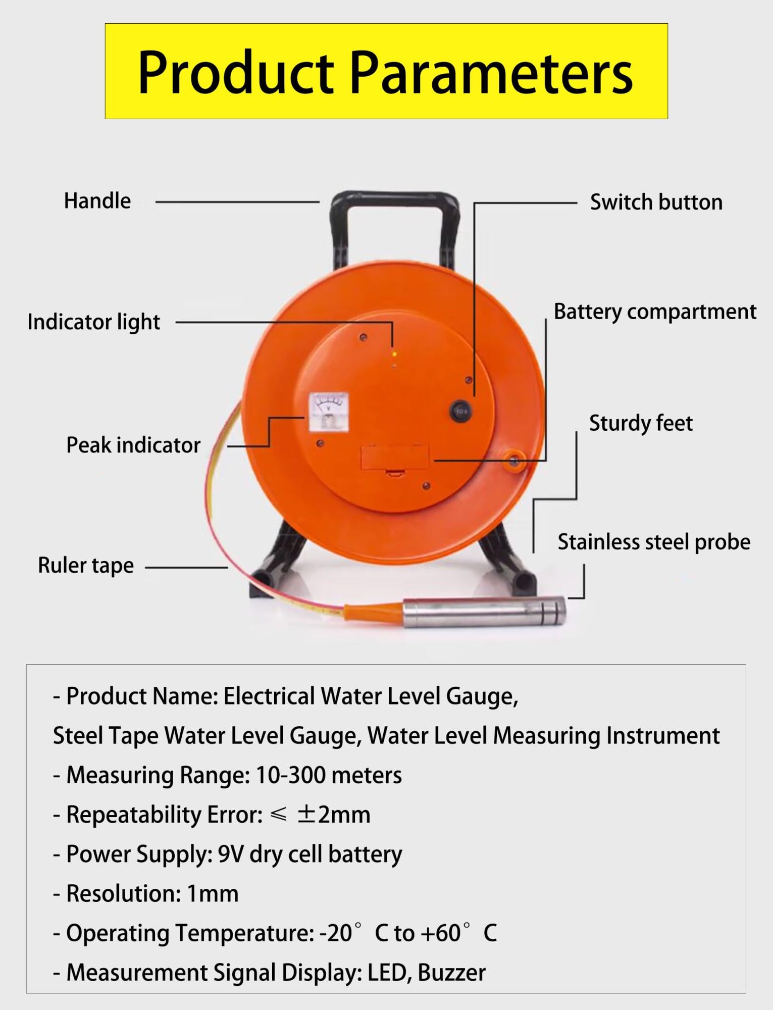 Medidor de nivel de agua for pozos y perforaciones, profundidad de 10 a 300 metros, con retención de pico e indicador LED.(98.4ft/30 meters)