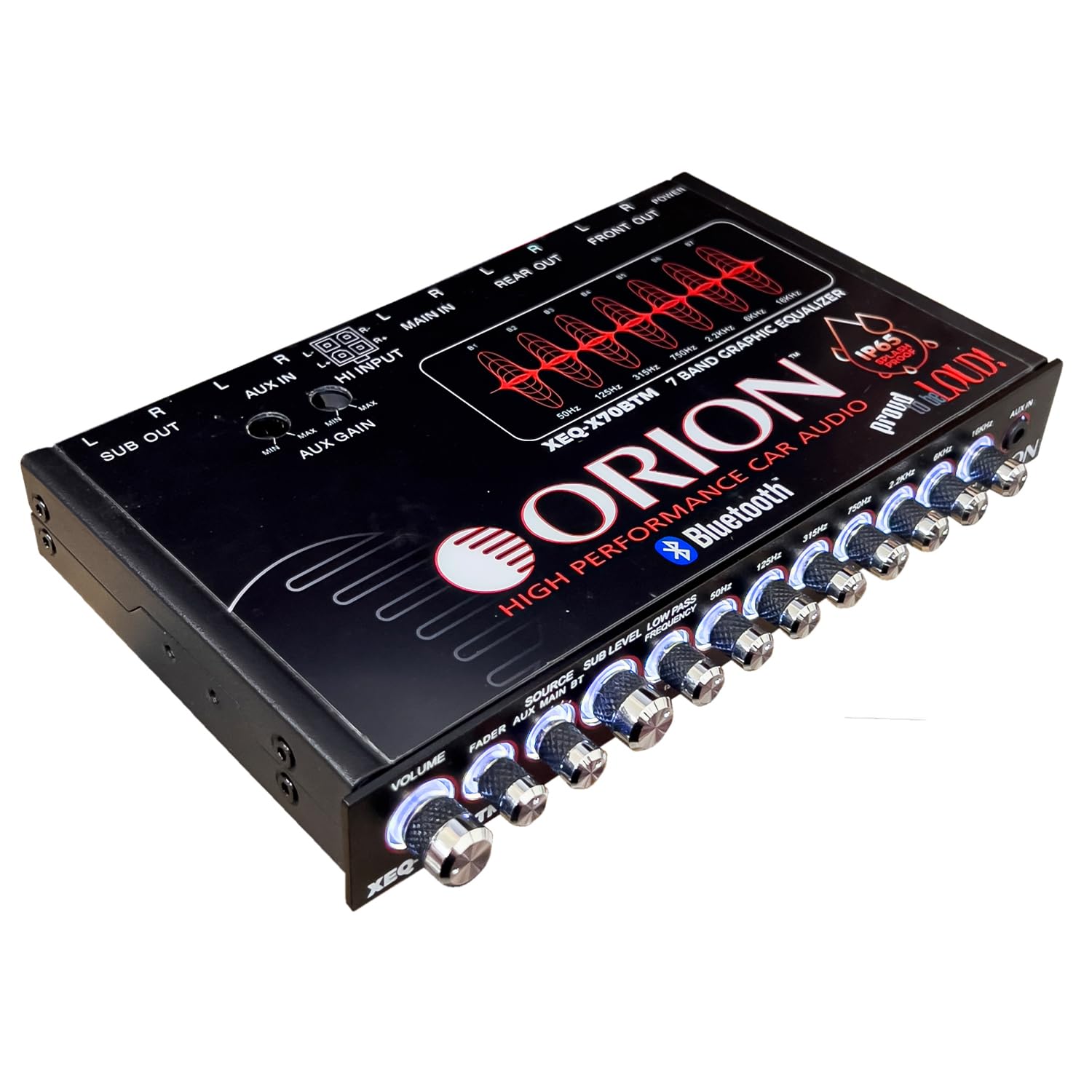 Orion XEQ-X70BTM 7-Band Graphic Equalizer W/Bluetooth -Marine Grade IPX5 Rated, Subwoofer Control, Front 3.5mm AUX Input, Rear RCA, High Level Speaker