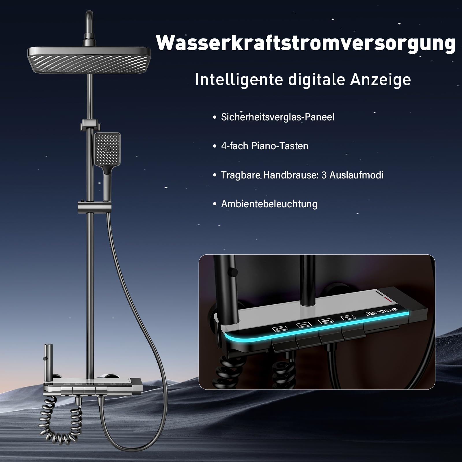 Duschkopf Set, Duschsystem mit LED, Duschbrause Regendusche 27 X 20cm, Duschkopf Handdusche, Zusatzdüse und Armatur, einstellbare Duschsäule mit Stimmungslicht, Höhe verstellbar 69-103cm