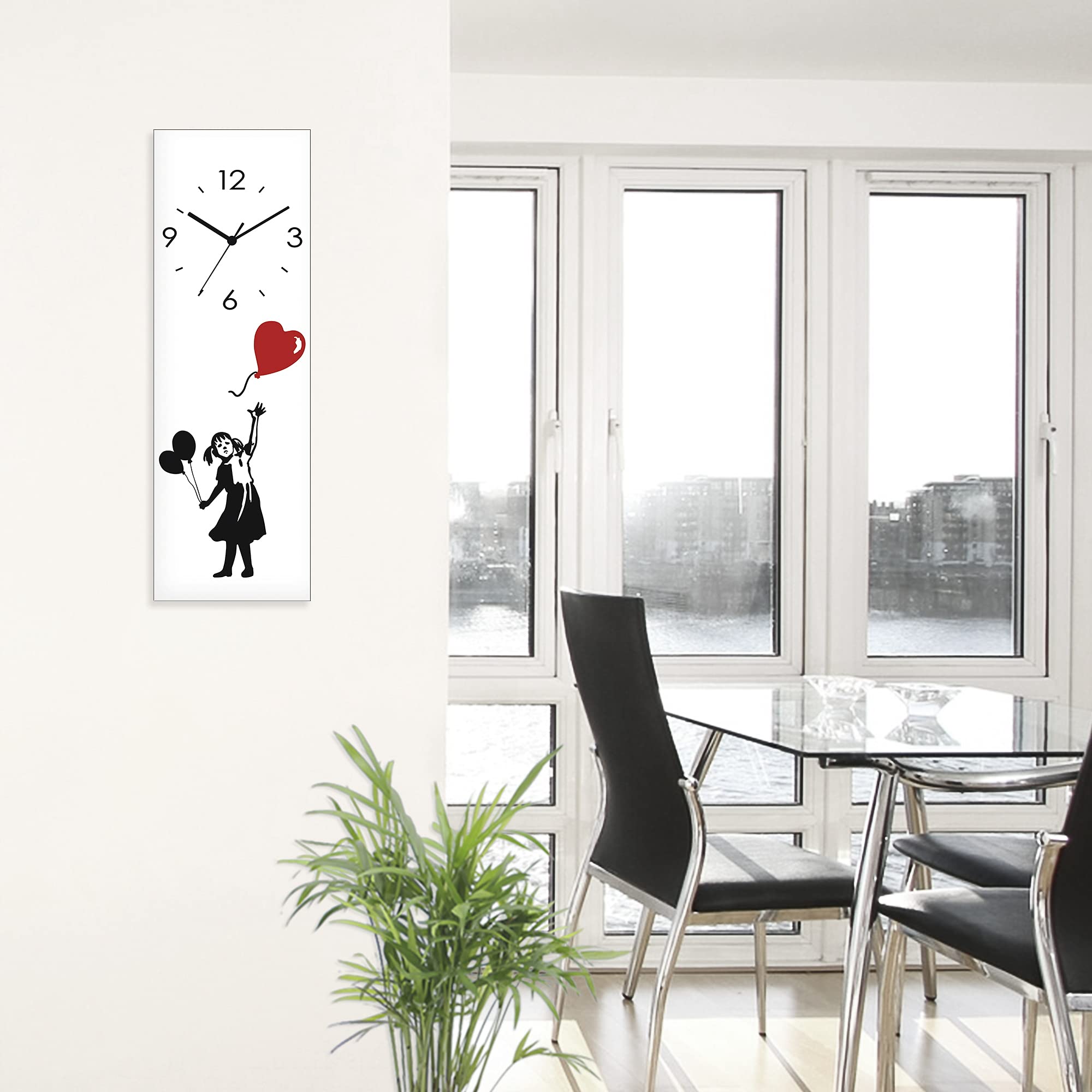 ARTLAND Wanddeko Wanduhr ohne Tickgeräusche Glas Quarz Uhr 20x60 cm Rechteckig Lautlos Graffiti Street Art Modern Mädchen Herz Schwarz Weiß U1UK