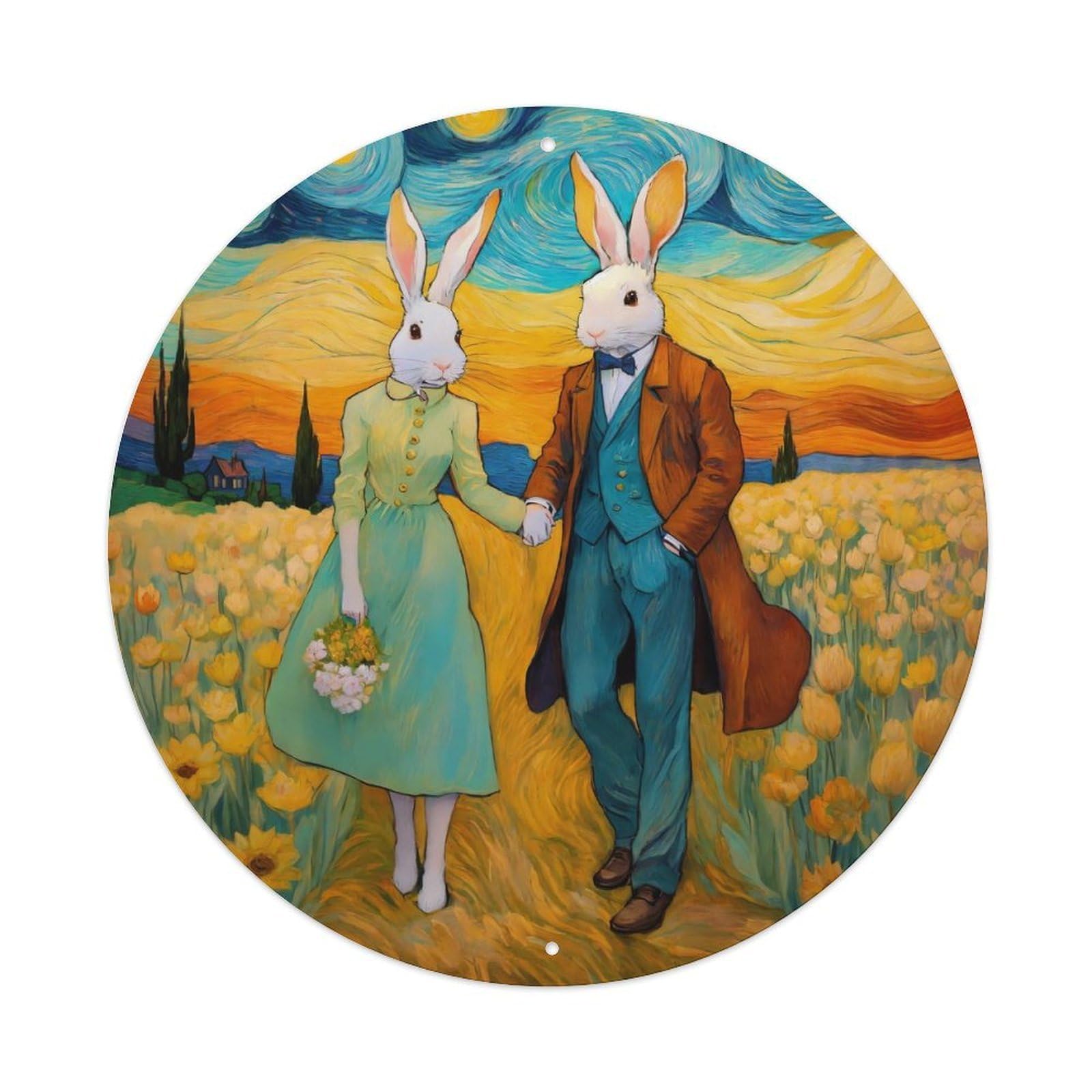 Vintage Art Rabbit Couple Walking in Tulip Fields Vintage Metal Tin Sign Plaque Wall Decor for Cafe, Club, Garden Round Metal Poster 8x8Inch