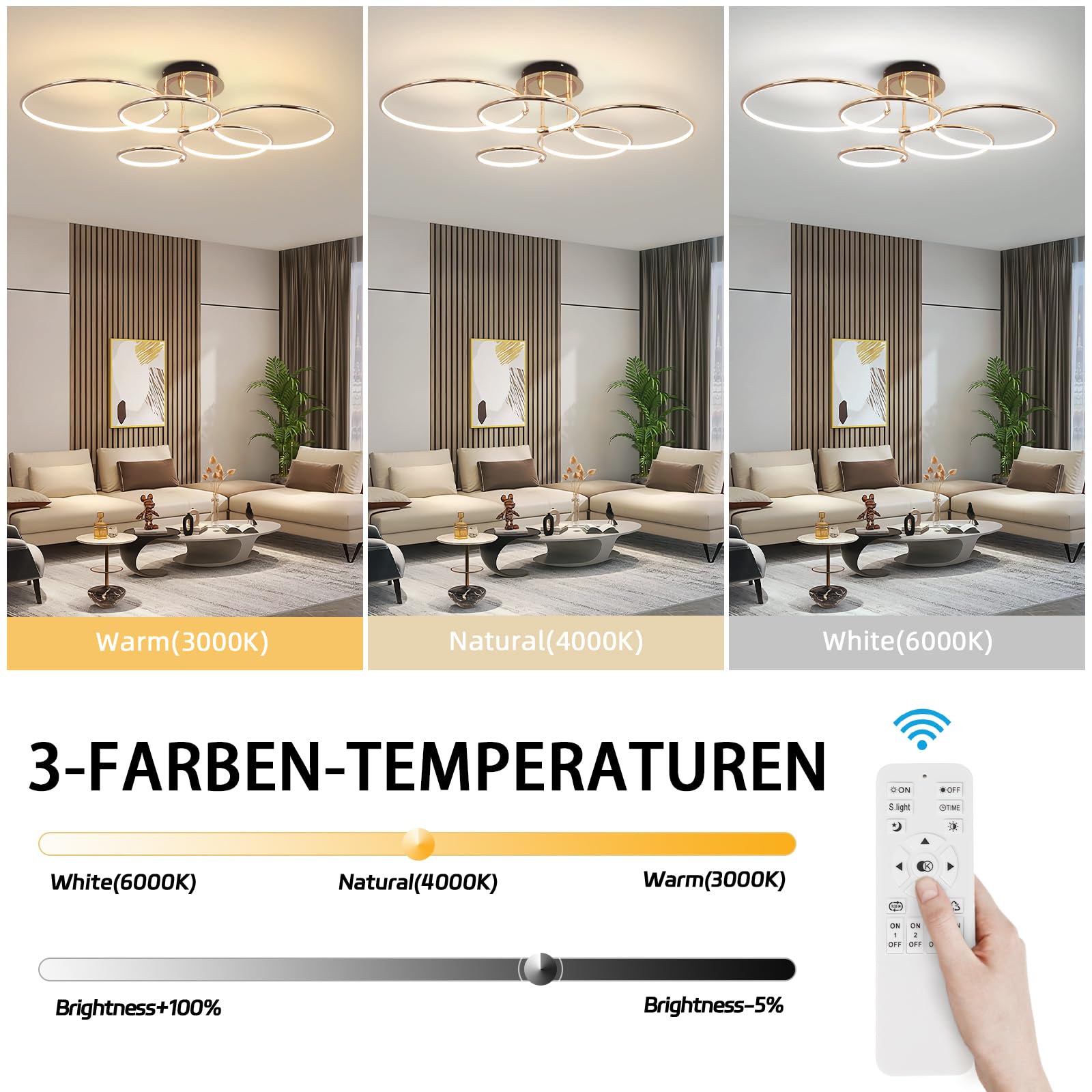 LED Deckenleuchte Modern Design Deckenlampen Gold 5-Ring Lampen Dimmbar Wohnzimmerlampe mit Fernbedienung, Aluminium Led Beleuchtung für Wohnzimmer Schlafzimmer Küche Esszimmer Büro 93cm, 108W…