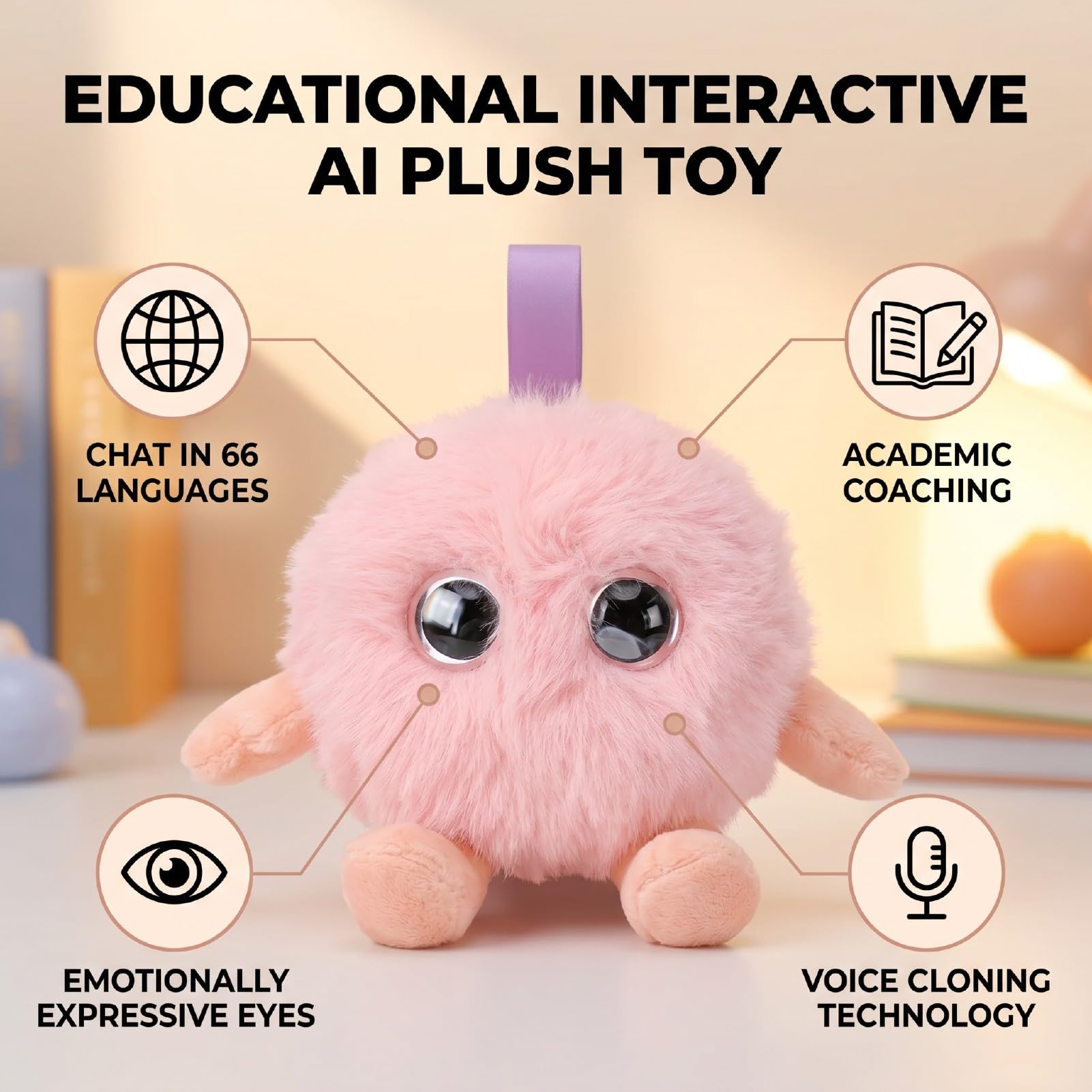 LICAEVEY Giocattolo di Peluche Intelligente AI, Animale di Peluche Educativo Interattivo con Traduzione Vocale in Tempo Reale in 66 Lingue per L'apprendimento dei Bambini (Rosea)