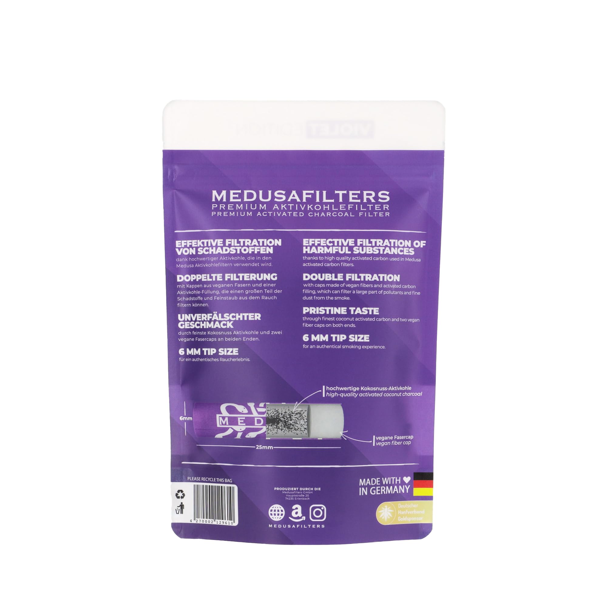 Medusafilters 250 Stück 6mm Ø Slim Premium Aktivkohlefilter mit veganen Fasercaps & Kokos Aktivkohle | Filter mit 25mm Länge made in Germany (VIOLET EDITION)