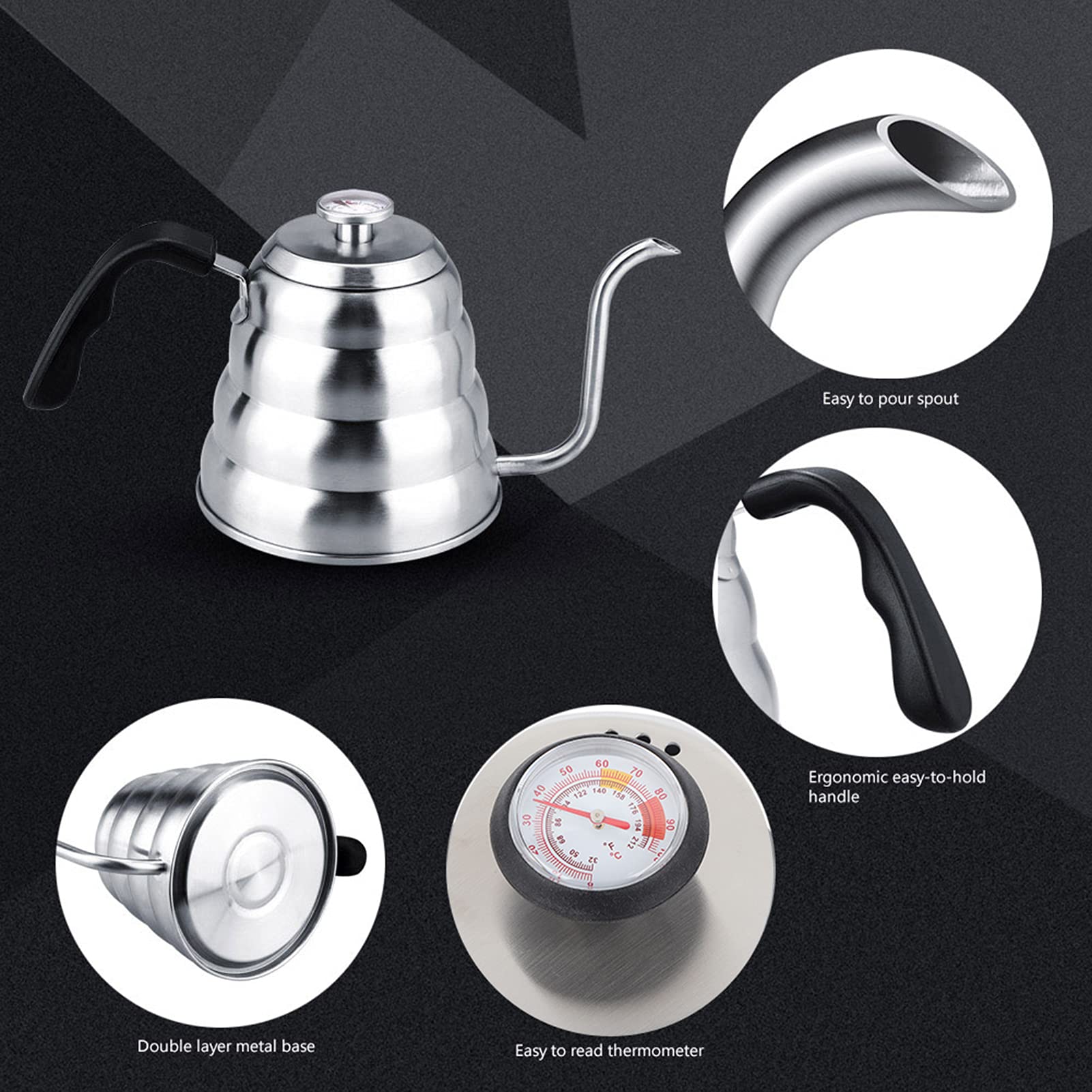 Tyenaza Bollitore per caffè, bollitore per caffè in acciaio inossidabile 304 con termometro a collo d'oca per versare sopra il bollitore per caffè per la cucina(1.2L)