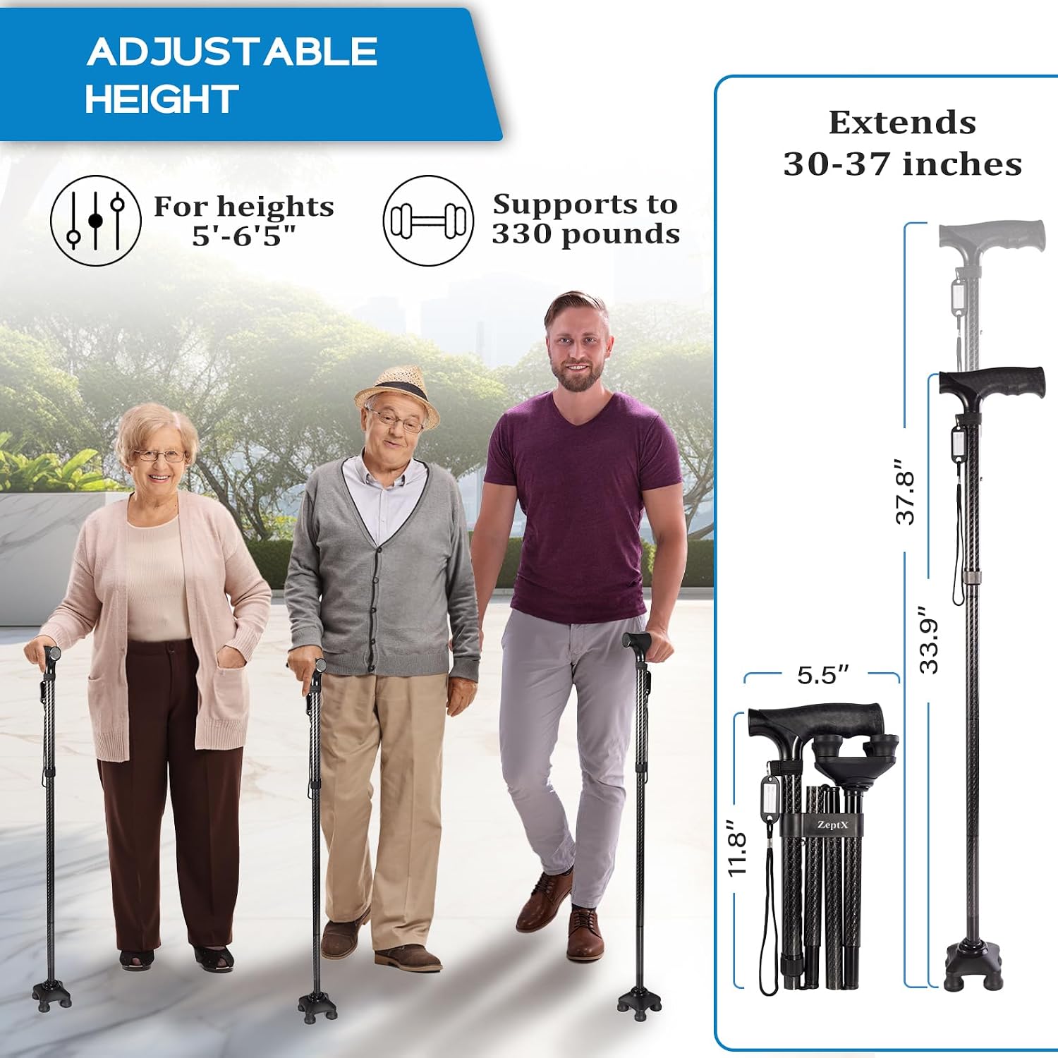 Folding Walking Quad Cane for Men and Women,Ultra Lightweight Sturdy Height Adjustable Nonslip Rubber Tips Free Standing Cane,Collapsible Walking Sticks for Seniors & Adults [Black]