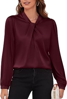 Womens Satin Silk Blouses Business Casual Dressy Elegant Shirts Mock Neck Long Sleeve Twist Front Office Work Tops