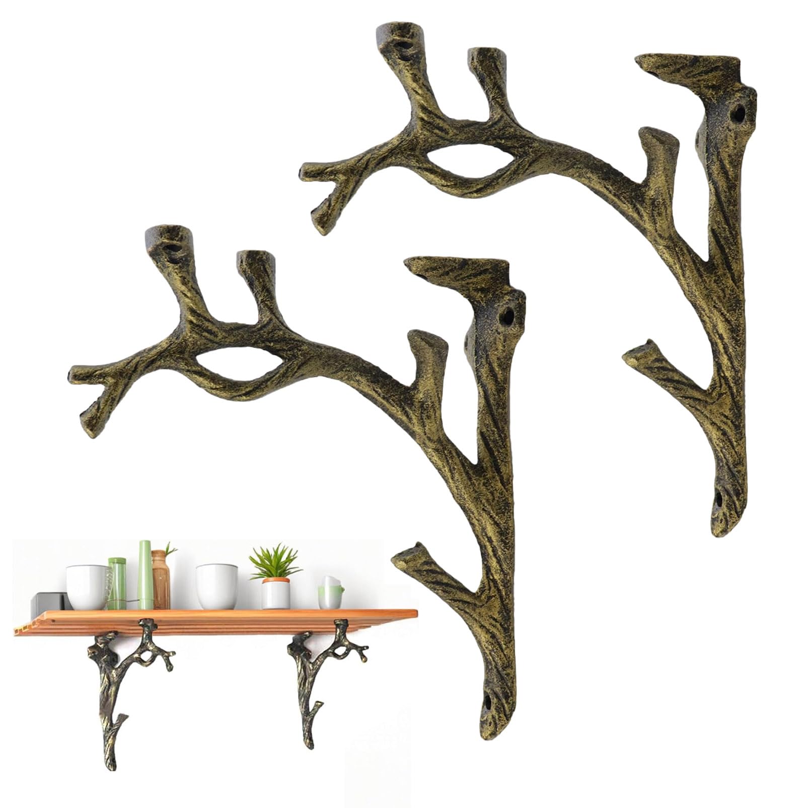Shelf Brackets, Pack of 2, Vintage Shelf Brackets, Branch Shape, Heavy Duty Bookcase/Flower Shelf, Vintage Wall Mount, Shelf Brackets, Shelves Decoration for Living Room, Garden, Bronze Colour