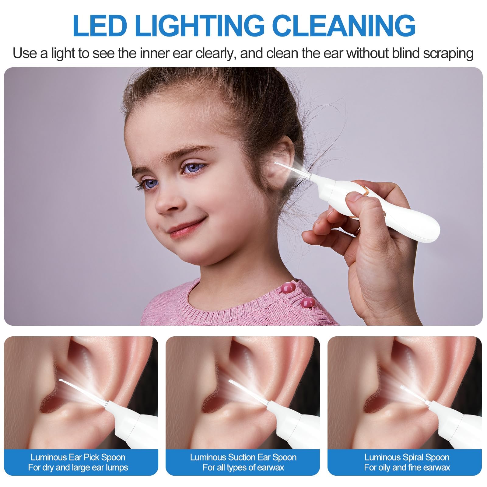 Aspirateur de Cérumen avec Lumière LED et 5 Têtes de Rechange Trois Mois, Nettoyeur D'Oreille éLectrique, Puissant Aspirateur D'oreille électrique Pour Bebe et Adulte