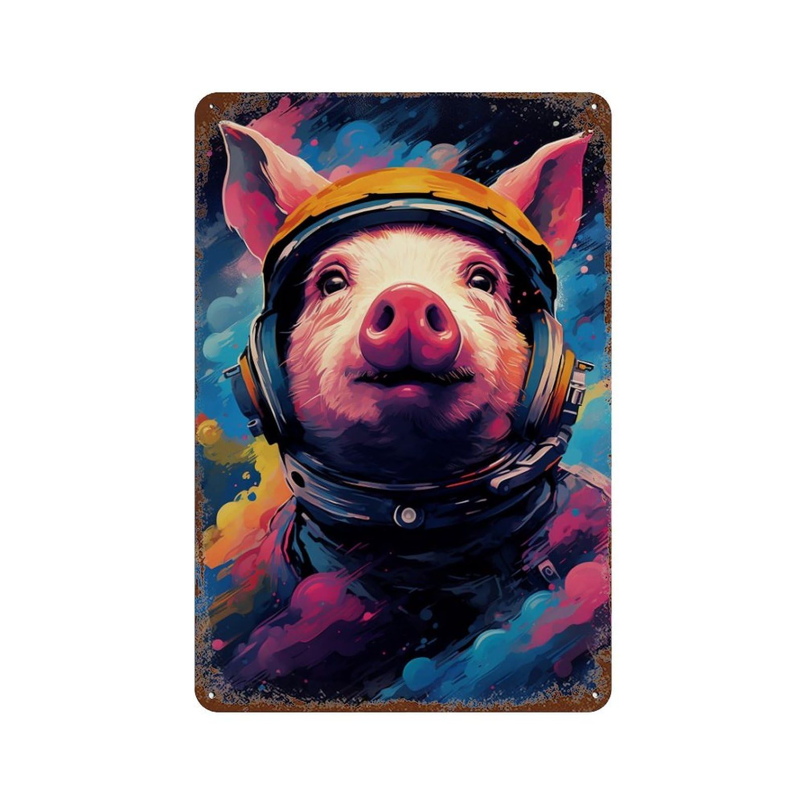 Pig Astronaut Space Helmet-1 Retro Metal Sign 11.8"x7.9", Novelty Wall Decor for Farmhouse, Kitchen And Entryway Decor