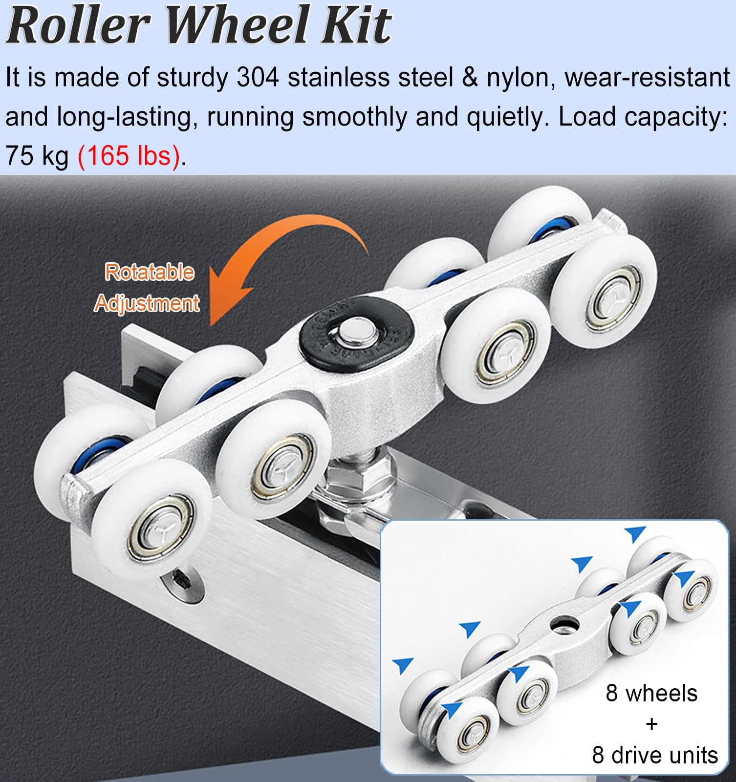 Kit Porta Scorrevole Kit Binario Scorrevole per Porta in Vetro Finitura Argento con 8 Rullini, Ferramenta per Porte a Scomparsa, Set con Binario Singolo in Alluminio per Bagno(1100mm (43.3"))