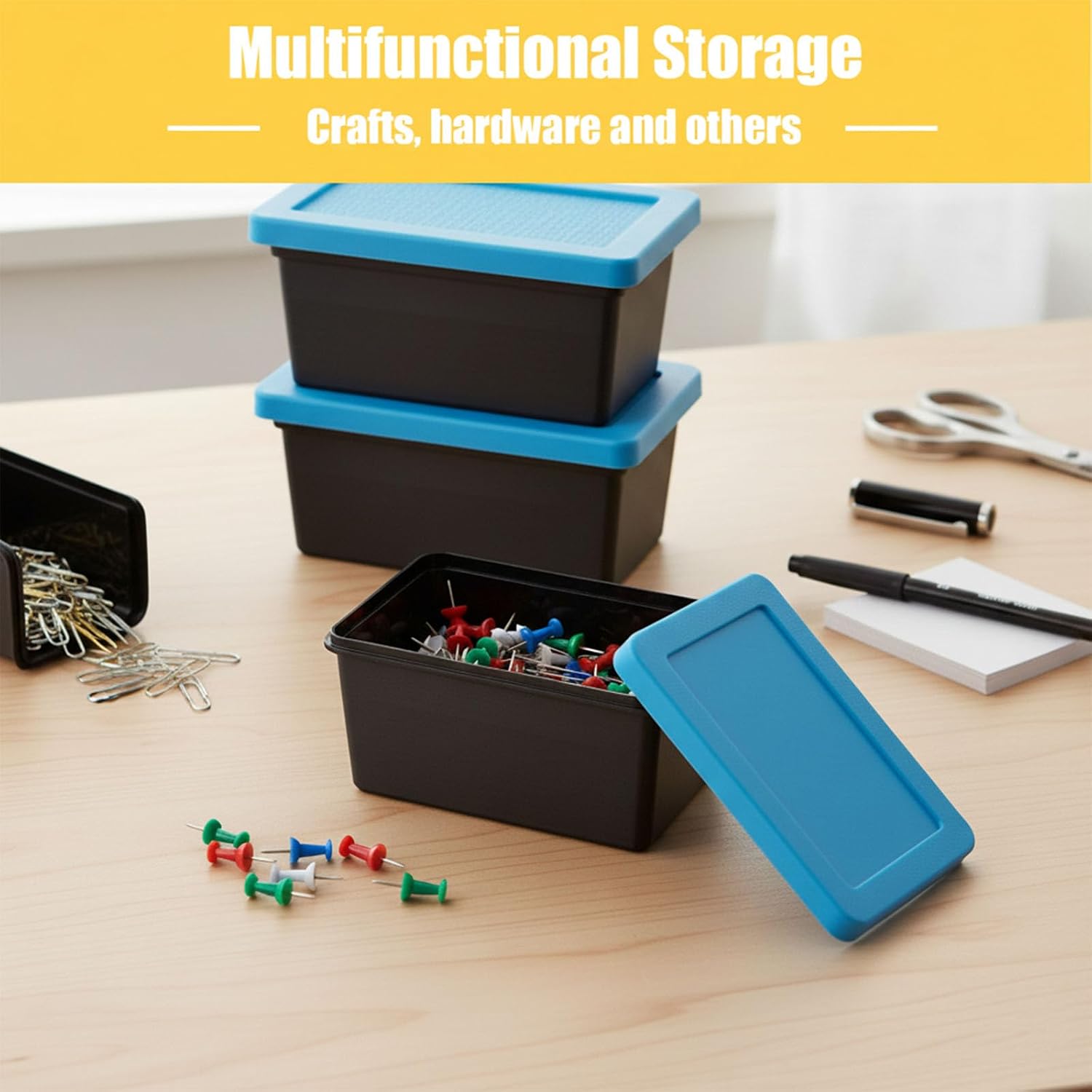 Mini Tote with Lids, 3.46 × 2 × 1.5Inch Fun Stackable Desktop Storage Bins for Desk Organization, Industrial Style Organizer for Office Supplies, Crafts, Jewelry & Small Parts (Blue)