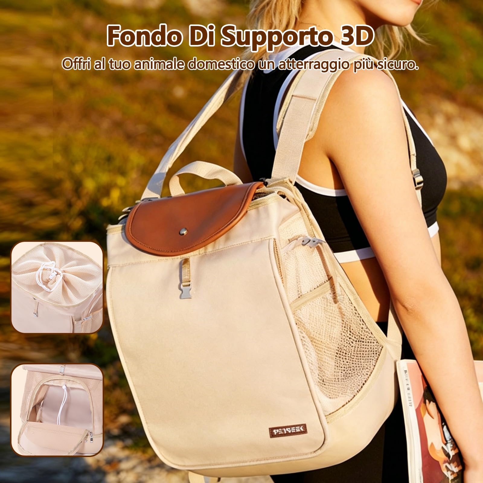 Galatée Zaino Per Animali Domestici, Piccola Borsa Portatile Per Cani e Gatti, Base Robusta e Indeformabile, Design Traspirante Per Evitare l'Accumulo Di Liquidi, Pieghevole (Beige Chiaro)