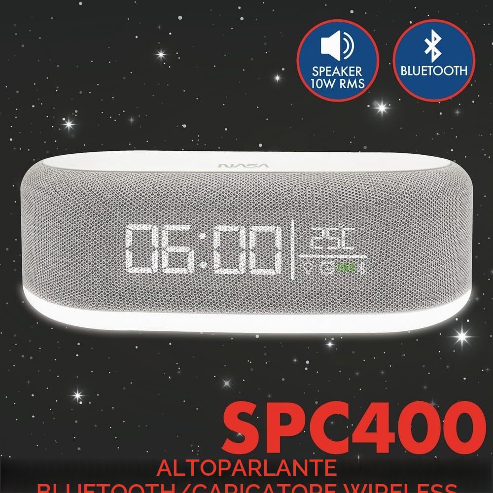 Nasa SPC400 Sveglia Bluetooth 5.0 con 2 Altoparlanti Stereo 5W RMS, Ricarica Wireless 15W, Doppio Allarme, Luce LED 3W, USB-C, Bianca/Grigia