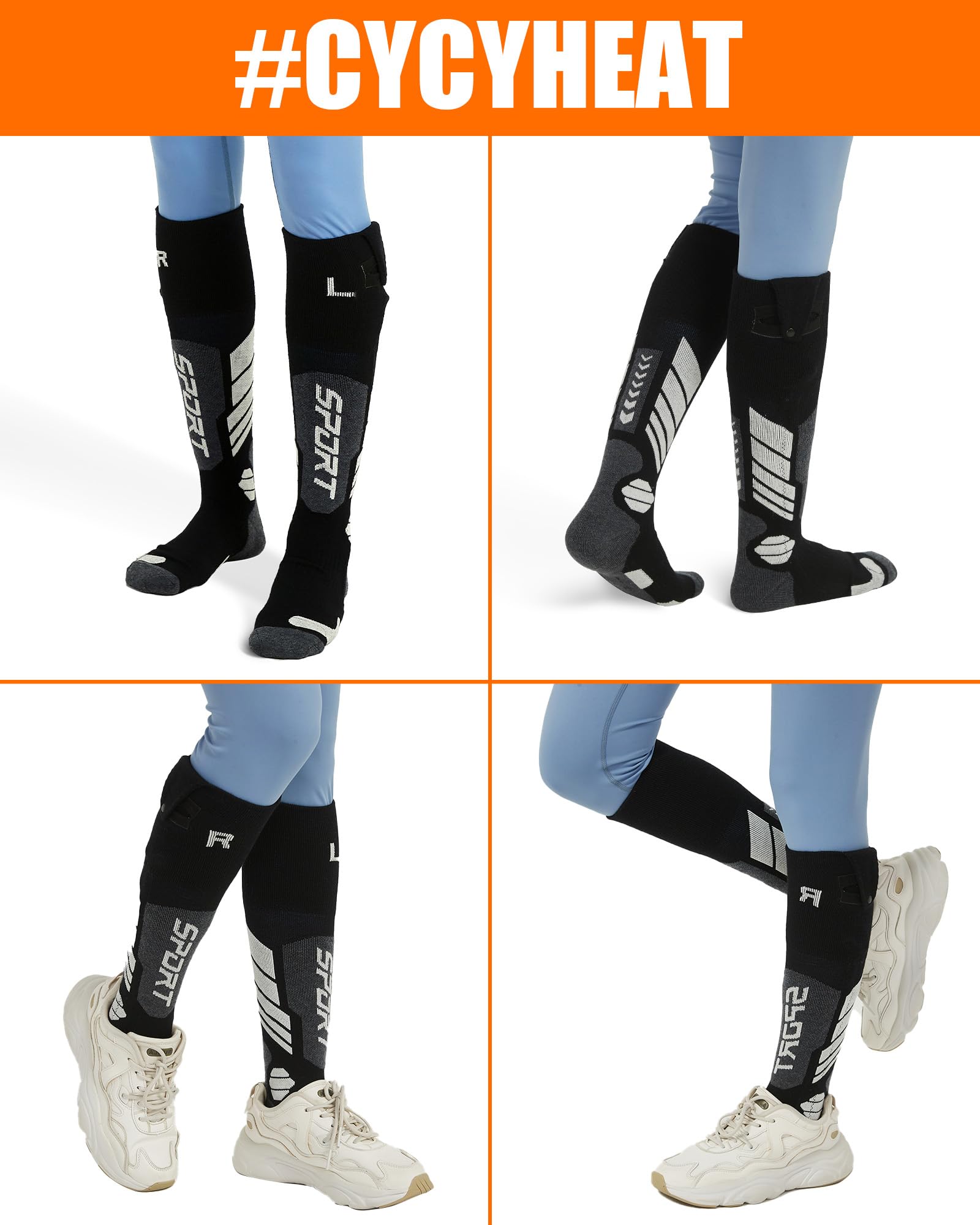Beheizbare Socken Kinder mit 5000mAh Akku – Heizsocken für Jungen und Mädchen bis zum Knie, Elektrische Wollsocken zum Skifahren mit Upgrade-Kohlefaser-Heizelement (Schwarz +5000mAh Akku, L-XL)