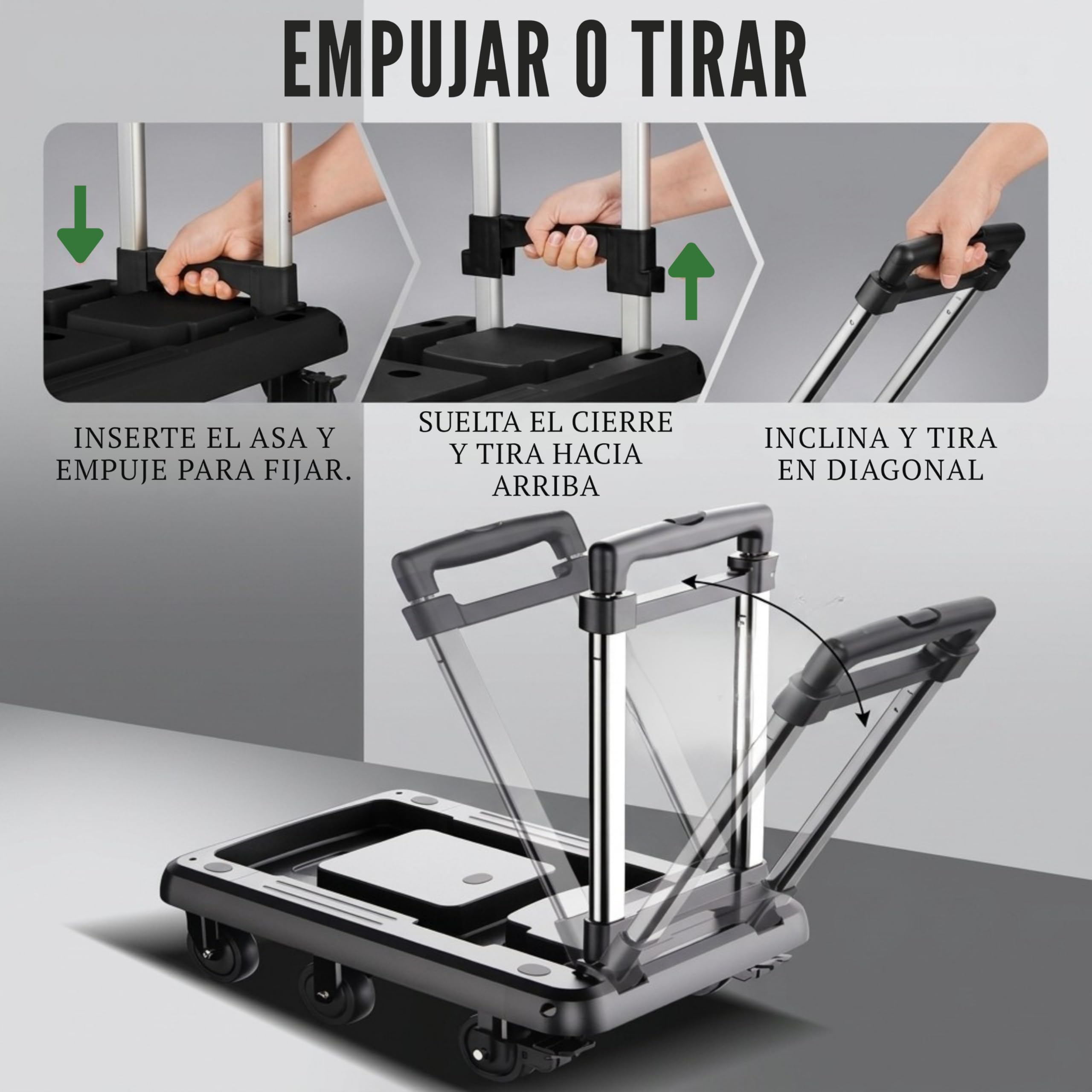 Carretilla Plegable hasta 100kg con 6 Ruedas de Goma con Freno, Carro de Transporte Plegable Extensible 60x30 cm, Mango Telescópico Ajustable, Plataforma Compacta para Mudanzas, Compras o Trabajo