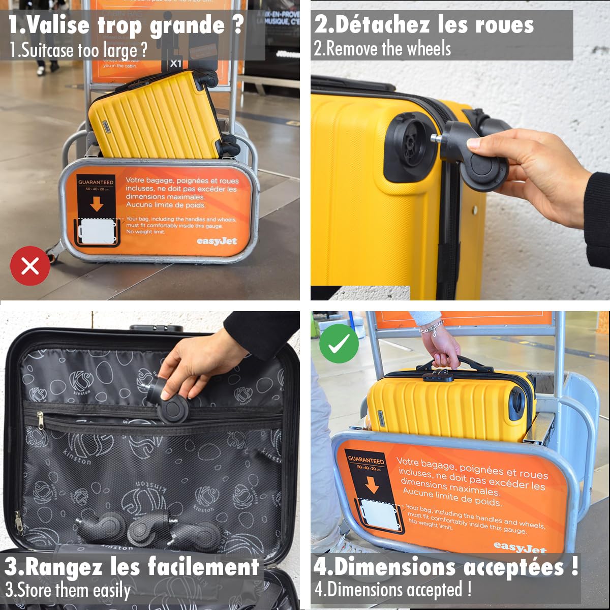 KINSTON Valigia Cabina per EasyJet 4 Ruote Rimovibili Dimensione LowCost - Bagaglio a Mano Leggero e Resistente, Ruote Girevoli Smontabili - Champagne