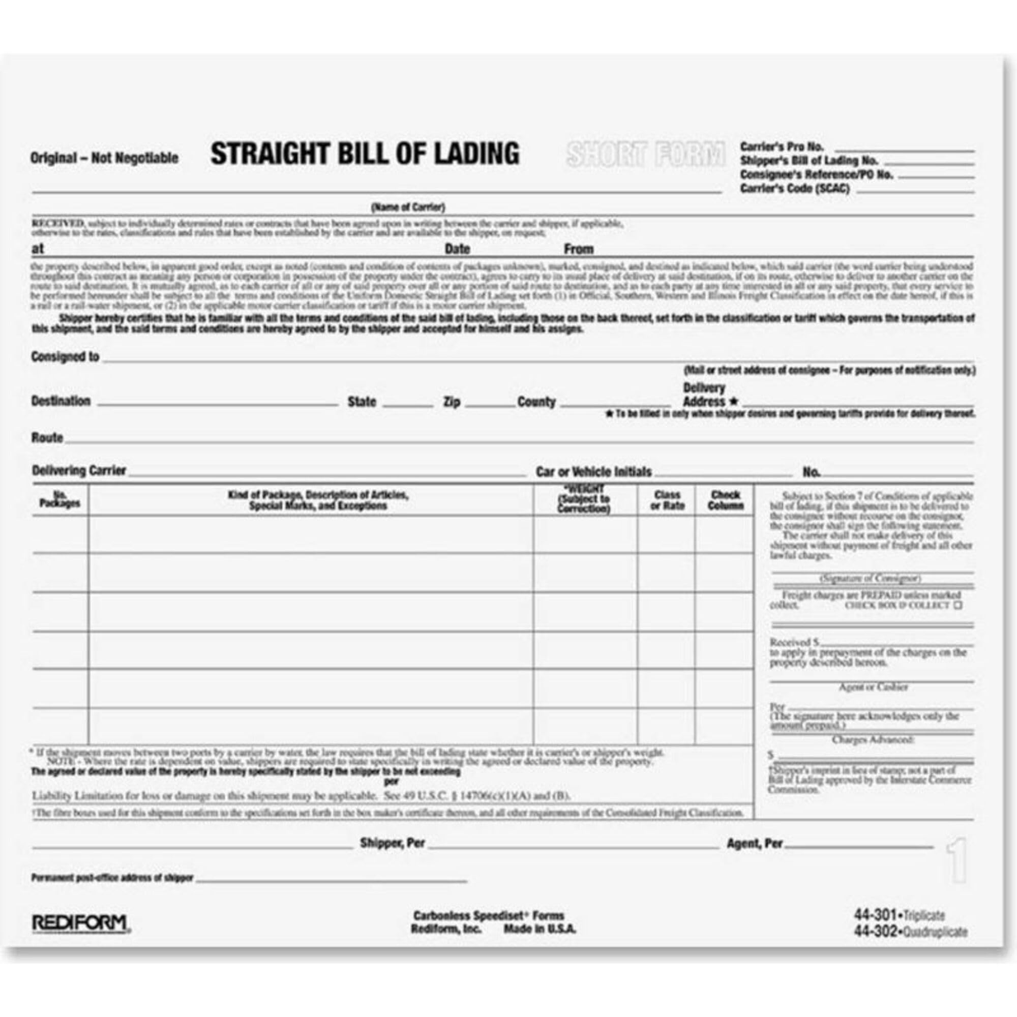 Connaissement Short Form de bureau Rediform pour expédition de colis