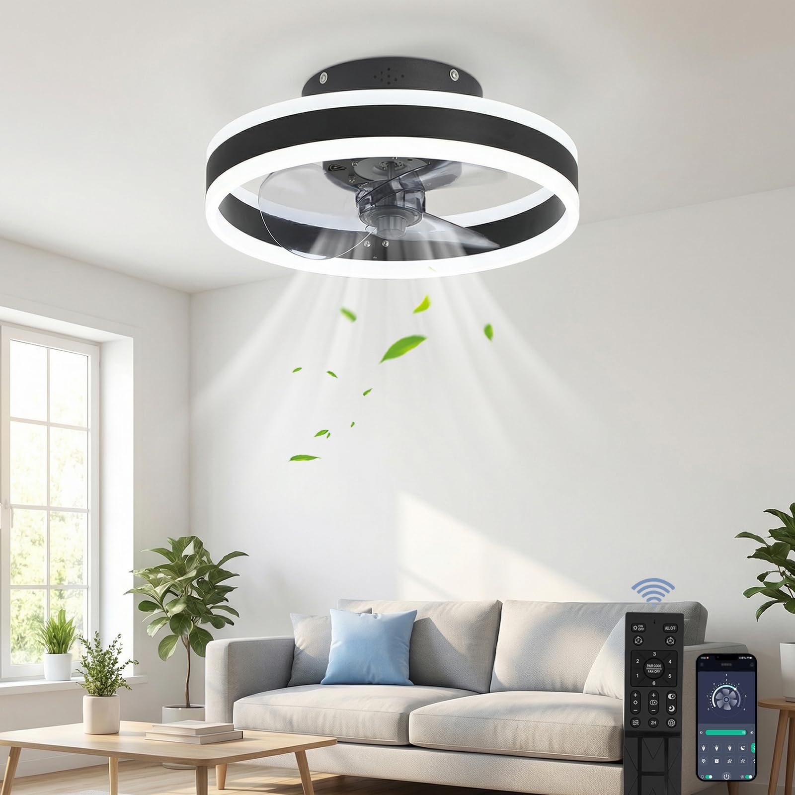 YuYe Ceiling Fan with Lighting, 3 Color Temperatures and 6 Speed, LED Ceiling Fan with Lamp, APP Control/Remote Control, Silent Dimmable (Black, 40CM)