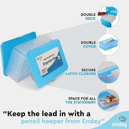 Miniatura 3 de Enday Caja de lápices azul, caja de plástico de gran capacidad con 12 compartimentos, caja de lápices de plástico con tapa hermética, estuche rígido