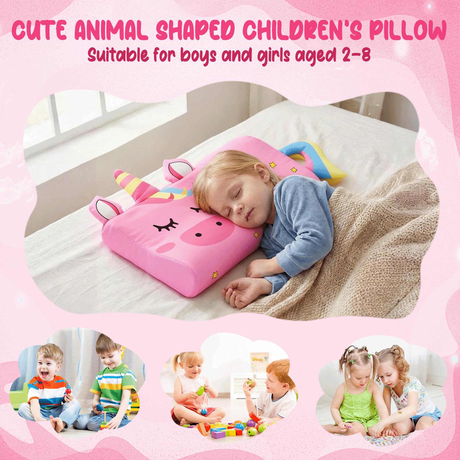 Oreiller Enfant 46x27cm, Confortable Coussin Bébé, Oreiller Ergonomique Enfant, Respirant Coussin Lecture Enfants, Oreiller Enfants 2 à 8 Ans, Détachable
