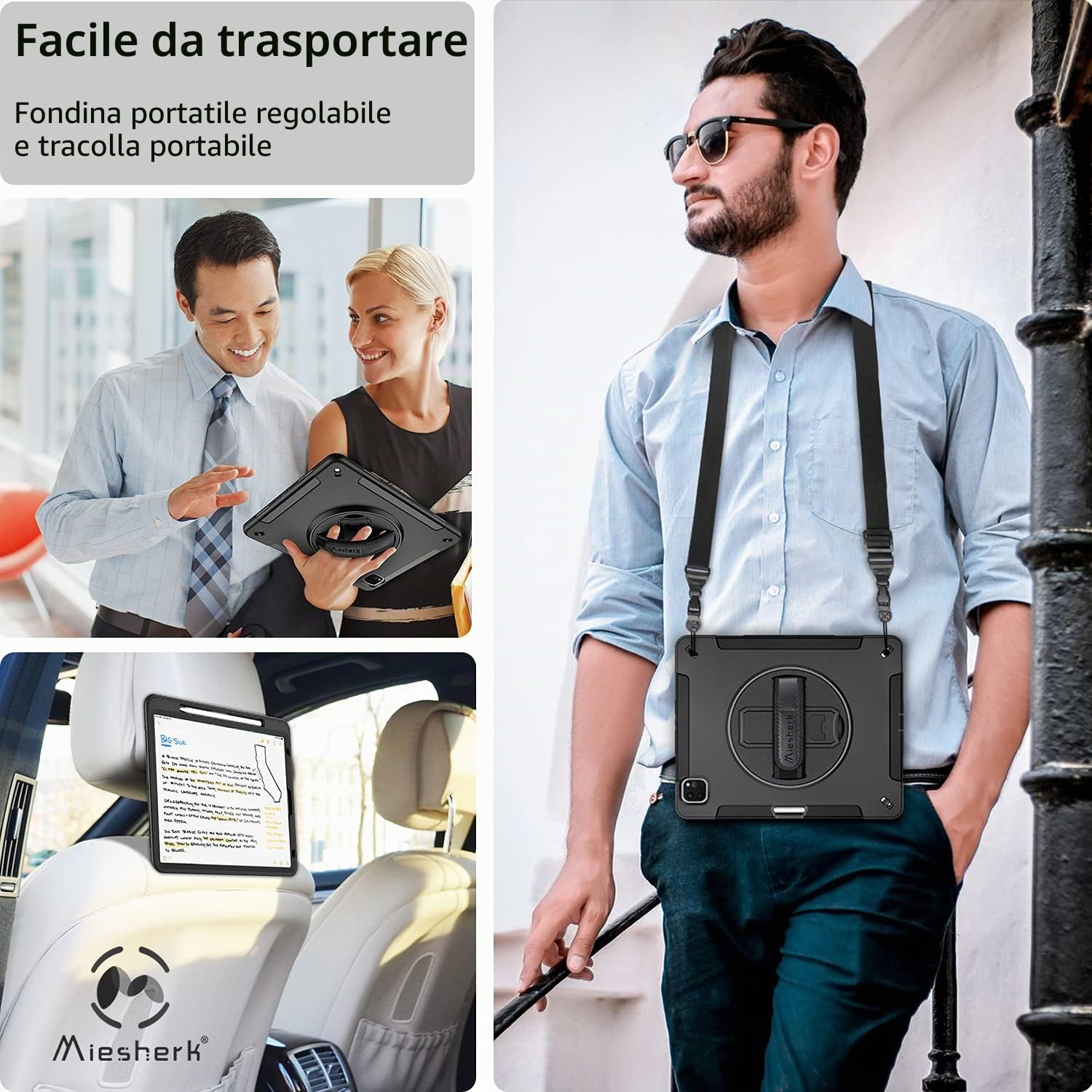 Miesherk Custodia Case iPad Pro 12.9 2022/2021: Militaire Protettiva Antiurto a 3 Strati per iPad Pro 12.9 6th/5th generazione-Portapenne-Supporto Rotante-Tracolla per Spalla e Cinghie a Mano-Nero