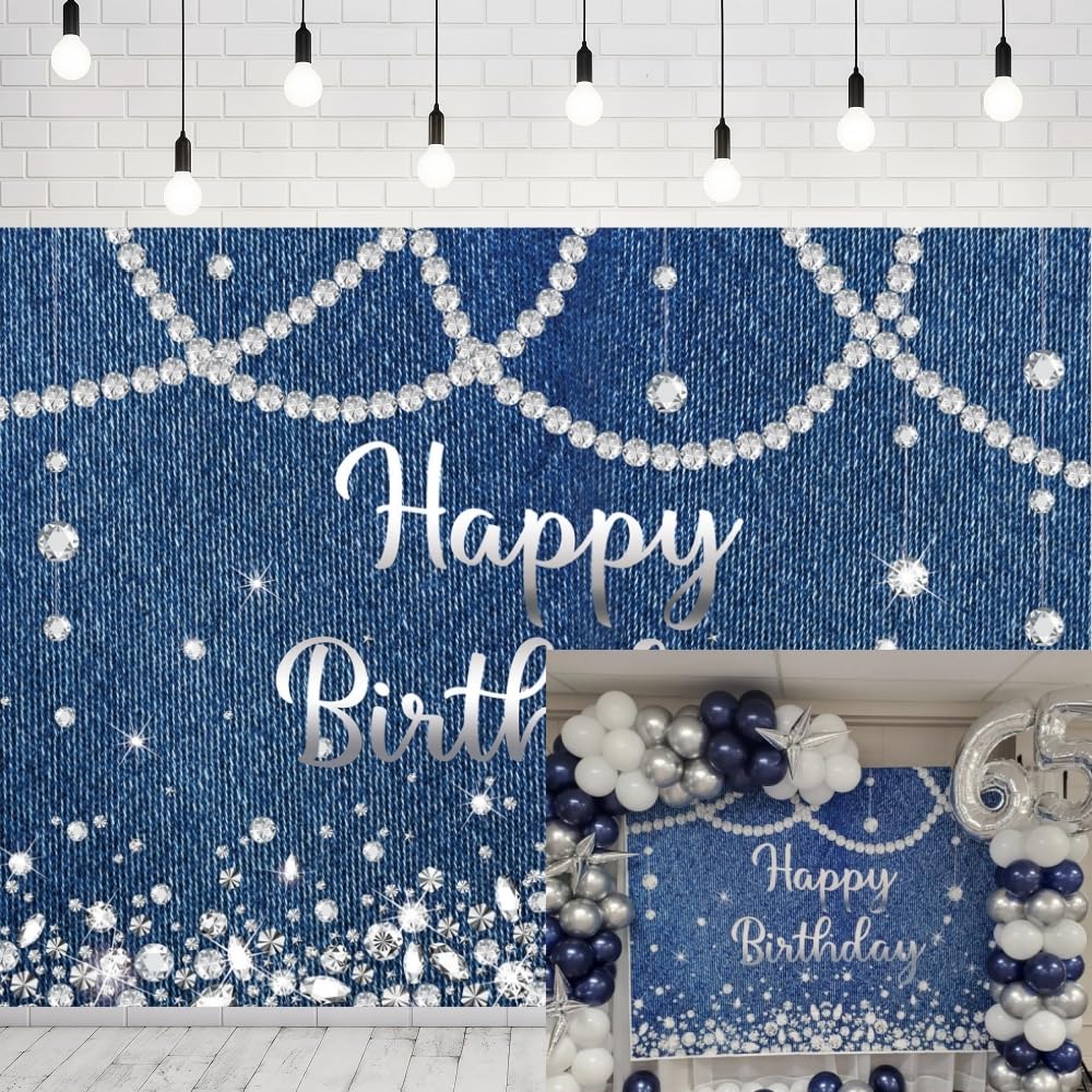 INRUI Denim and Diamonds Happy Birthday Photography Backdrop Glitter Diamonds Baby Shower Woman Anniversary Party Decorations Banner (8x6FT)