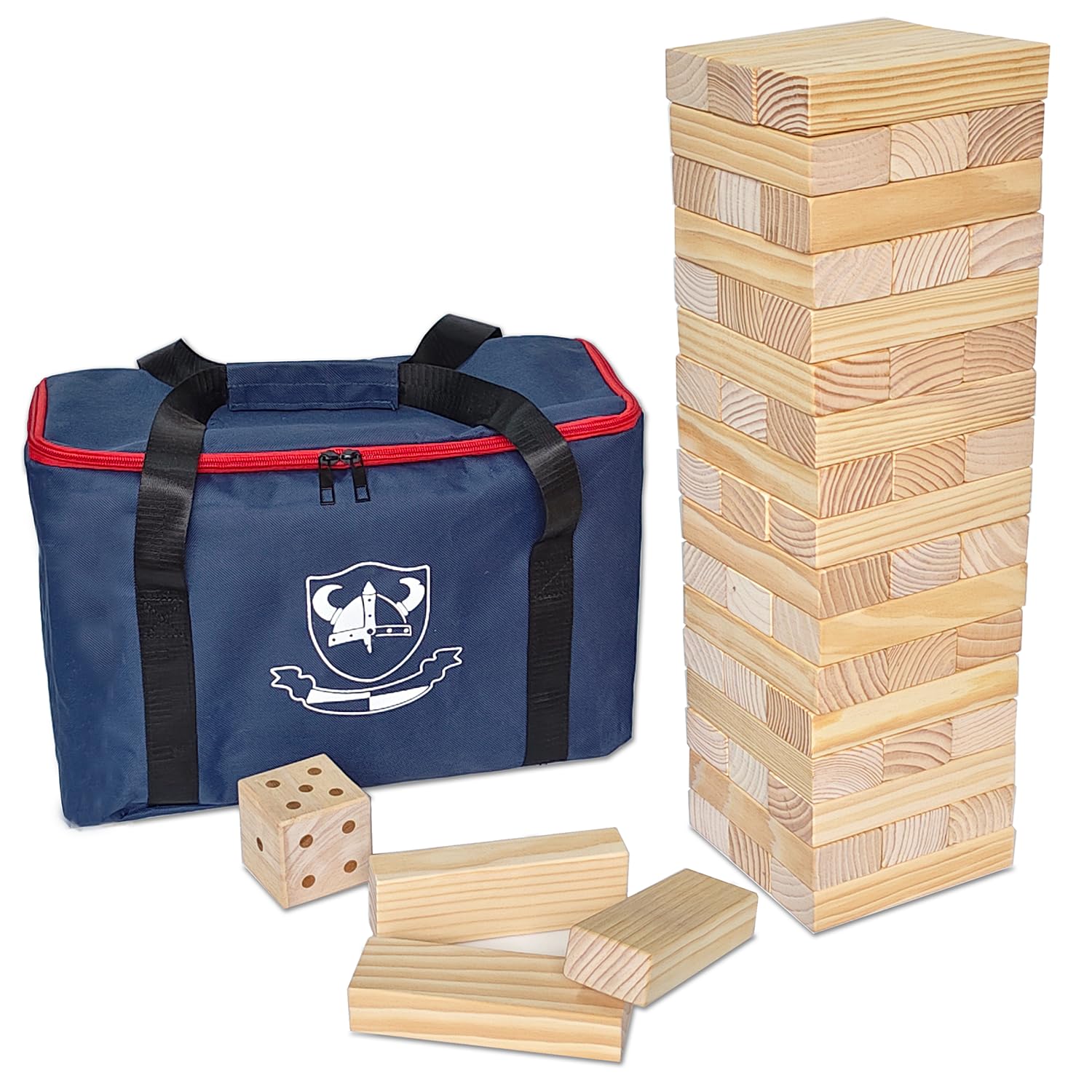 Jumbo Holz Trommelturm Spiel mit Würfel und Tragetasche, 54 Teile, Bausteine 60-150cm