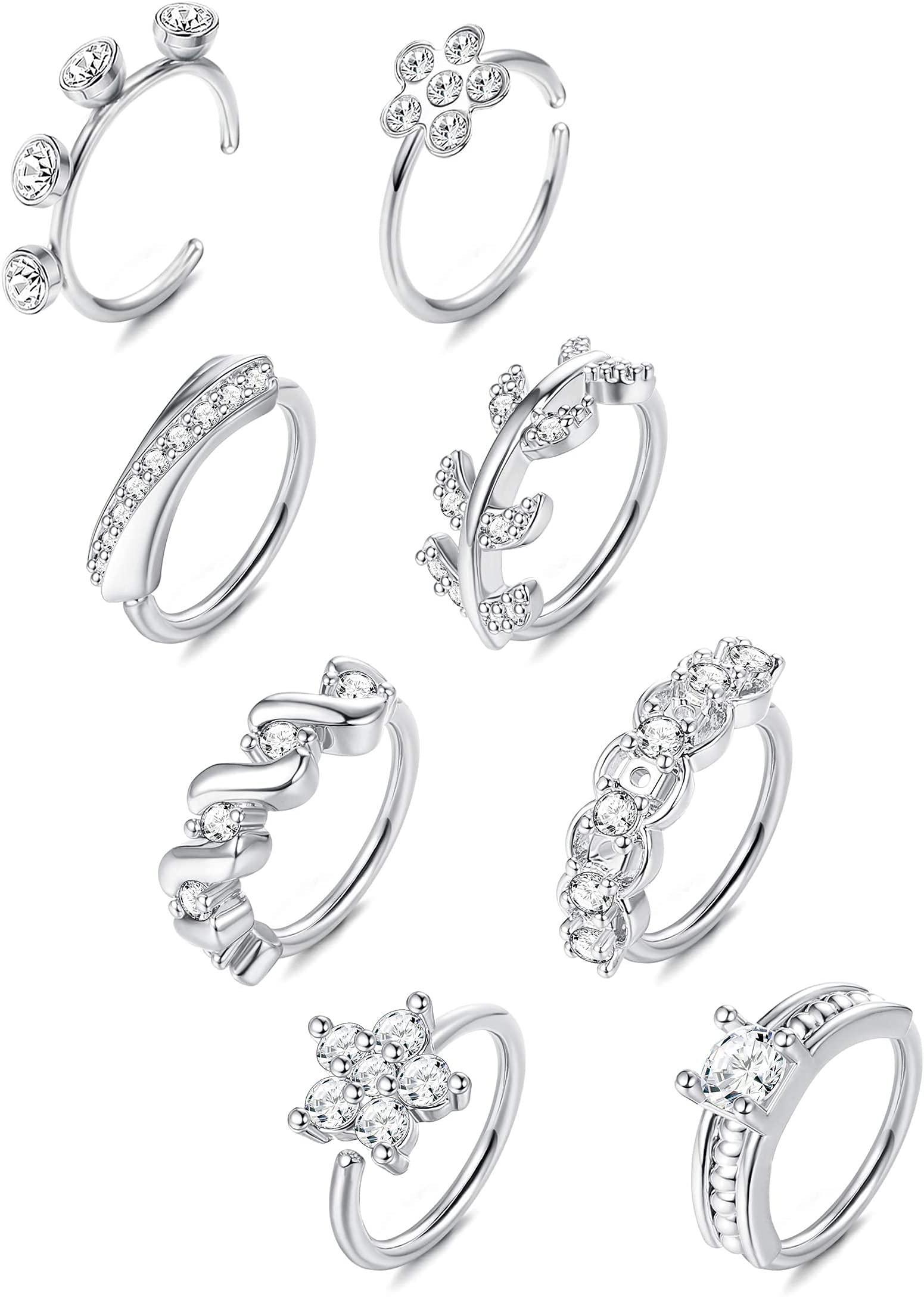 LOLIAS 8Pcs Anillo de Aro de nariz Para Mujer Pendientes Pequeños Aro de Perforación de Nariz Acero Inoxidable CZ Cartílago de Oreja Joyería de Piercing Para El Cuerpo Plata Oro Negro Oro Rosa